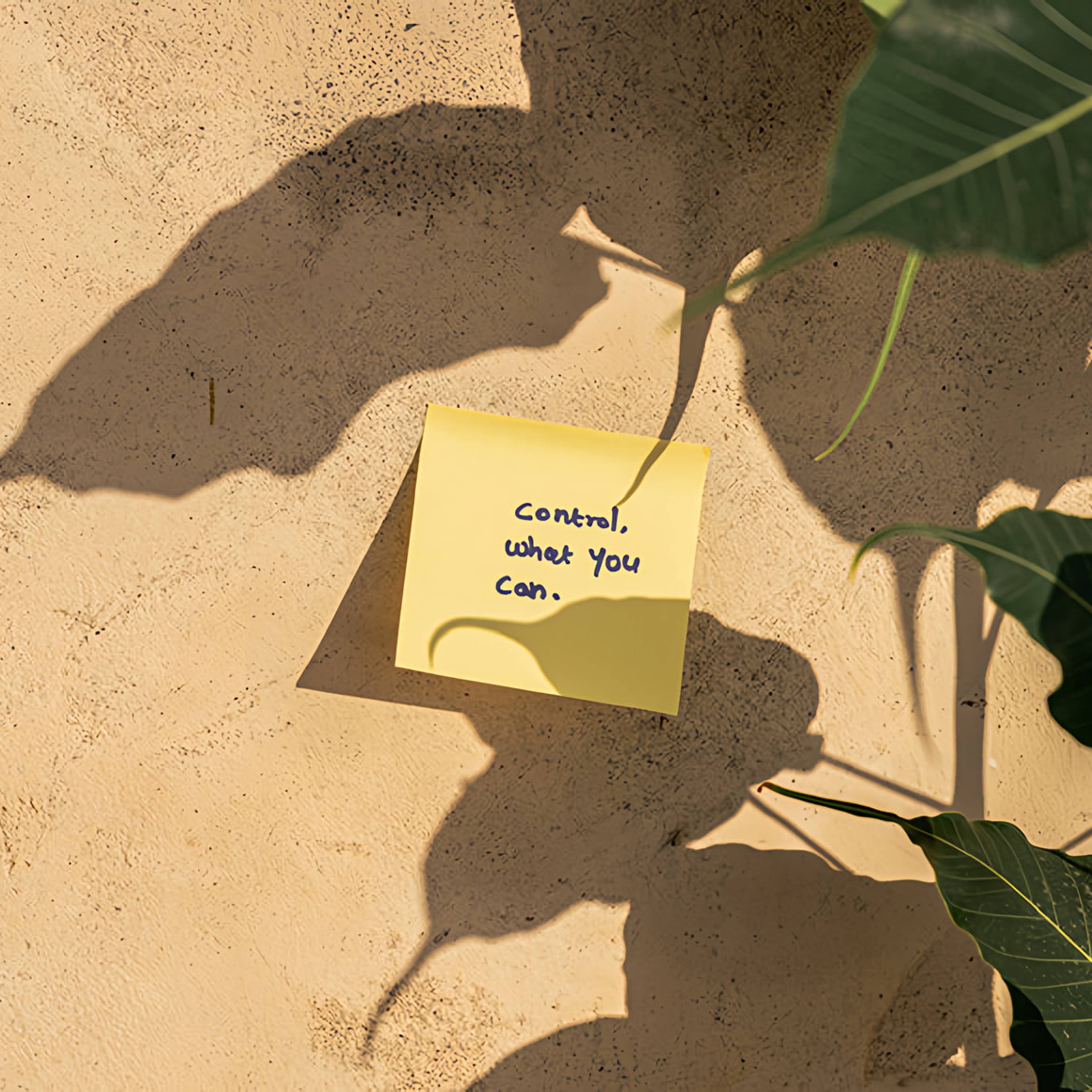 Yellow sticky note reading “Control, what you can.” on a sunlit textured wall with leafy shadows.