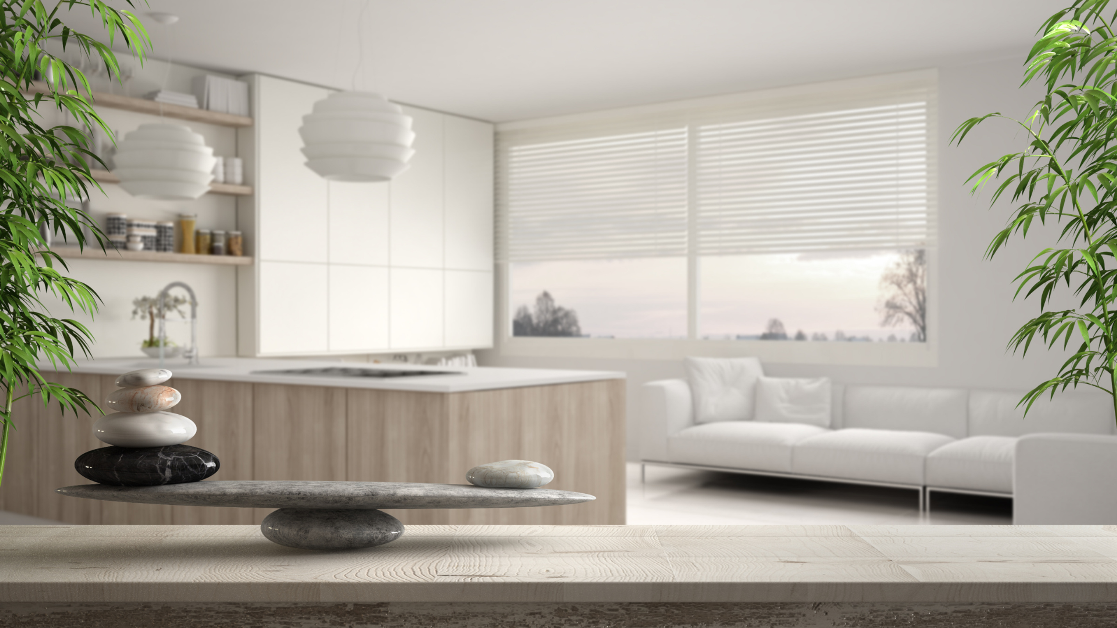 Bright minimalist open-plan living room and kitchen with stacked balancing stones, white sofa, and leafy plants.