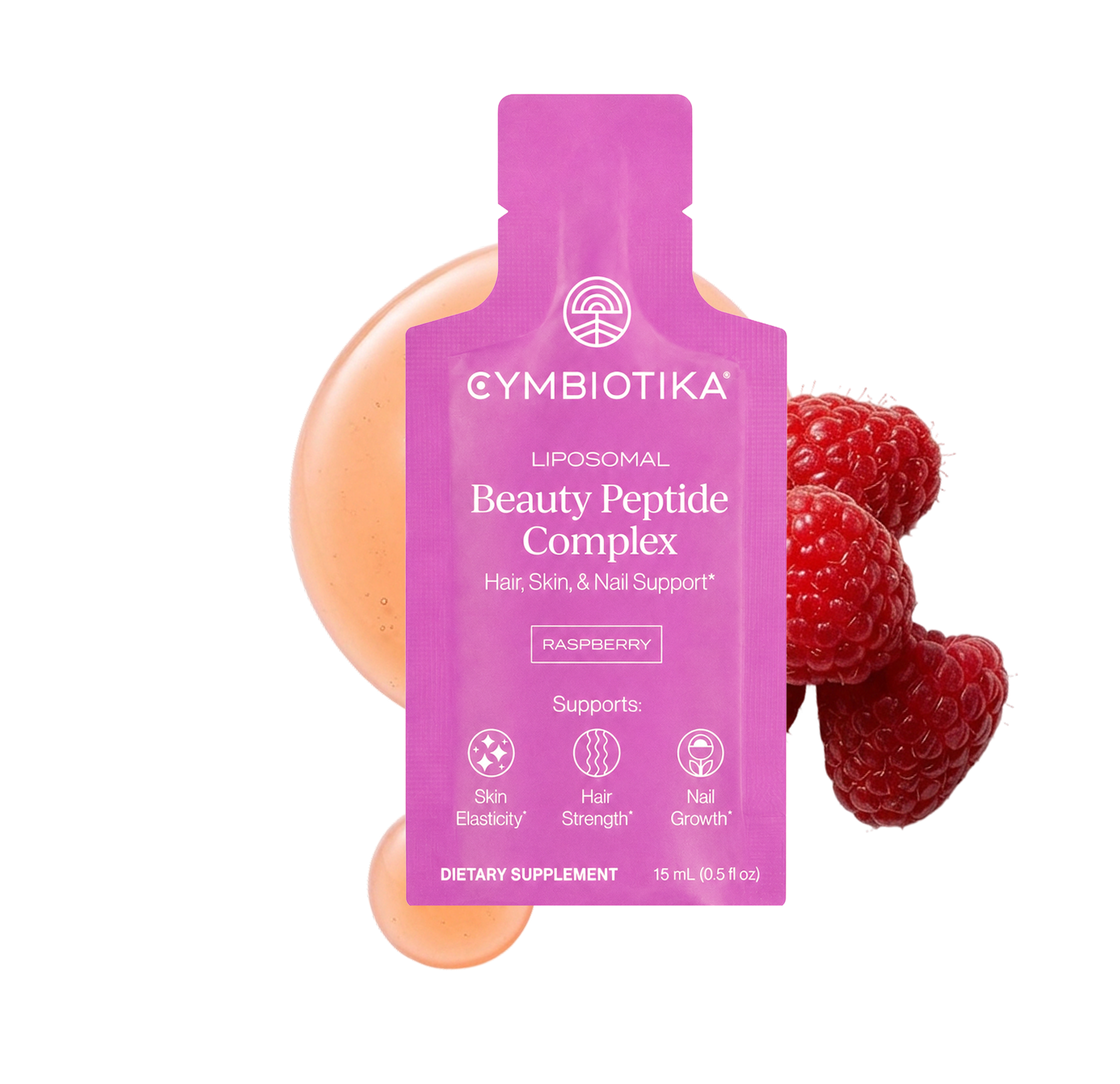 Pink Cymbiotika Liposomal Beauty Peptide Complex sachet with raspberries and peach-colored fruit behind it.