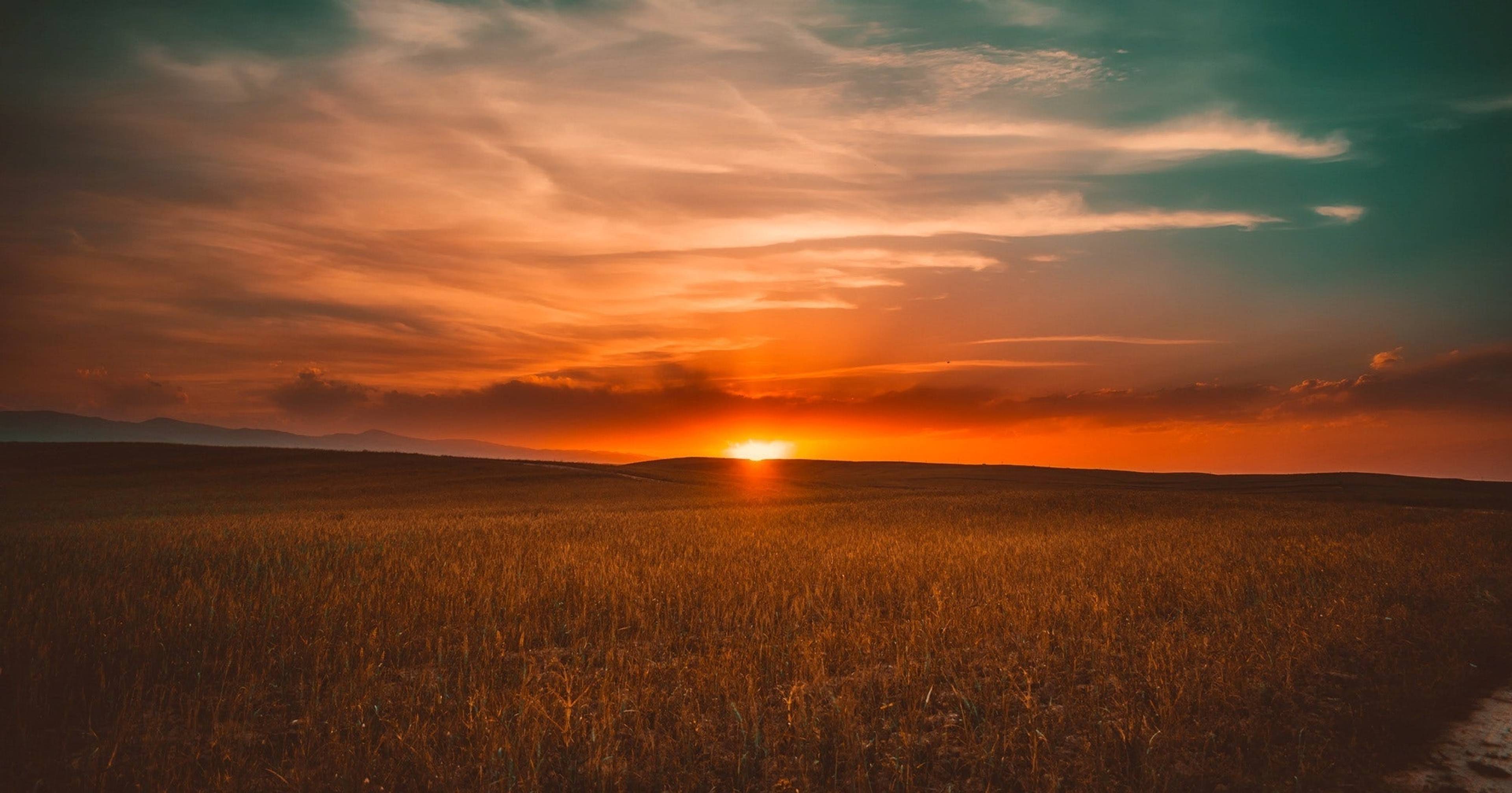 Sunset over a wide grassy field with low hills on the horizon.