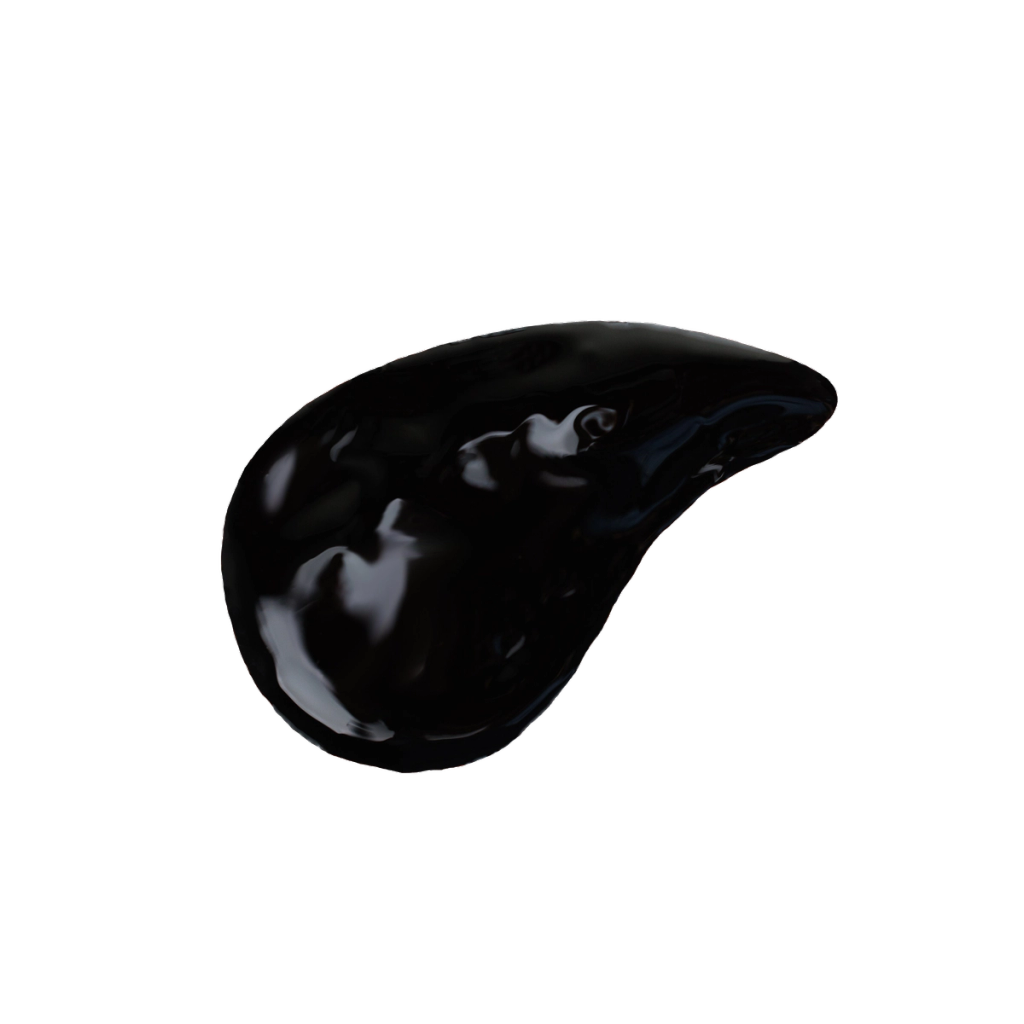 Glossy, irregular black blob with a curved, tapered end.