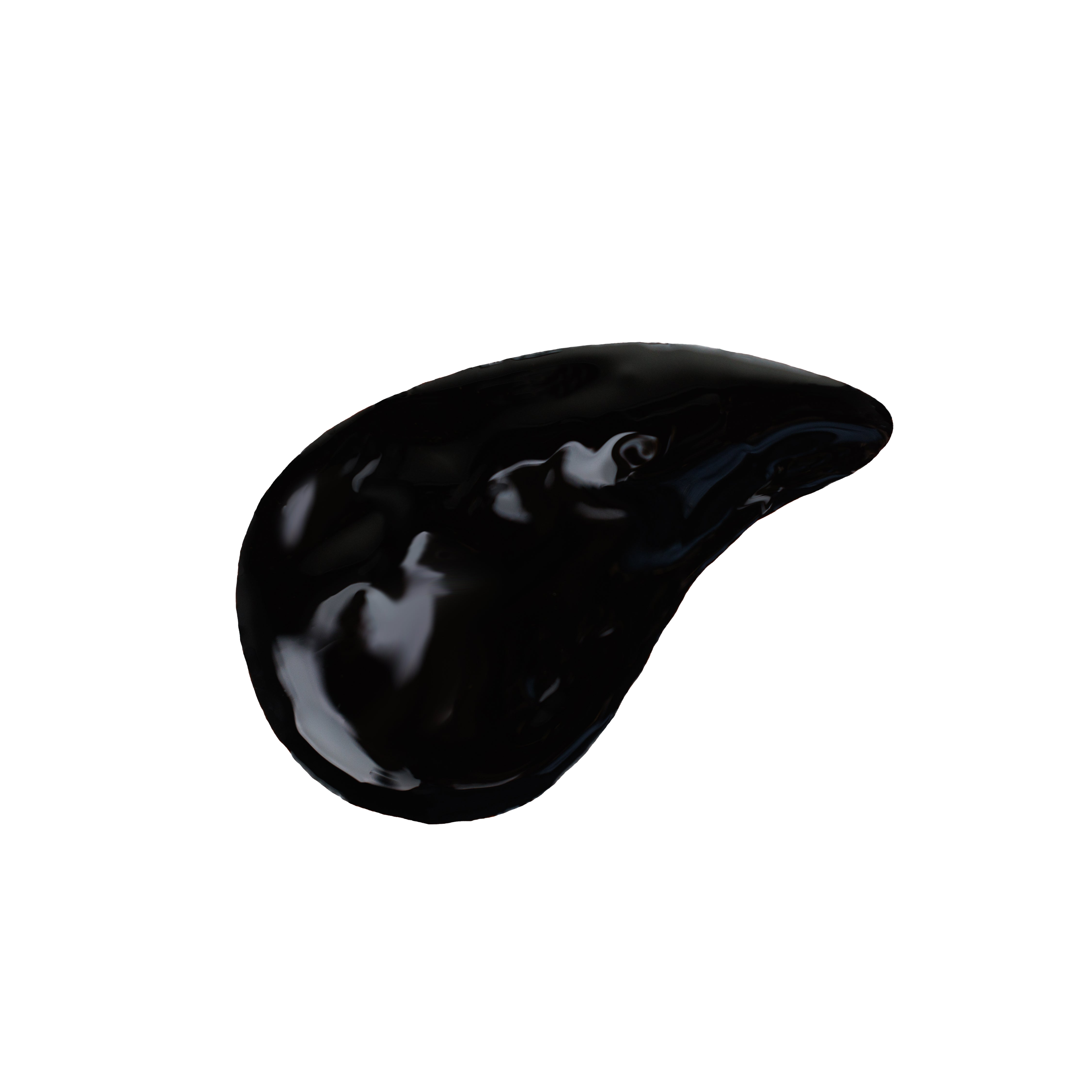Glossy, irregular black blob with a curved, tapered end.