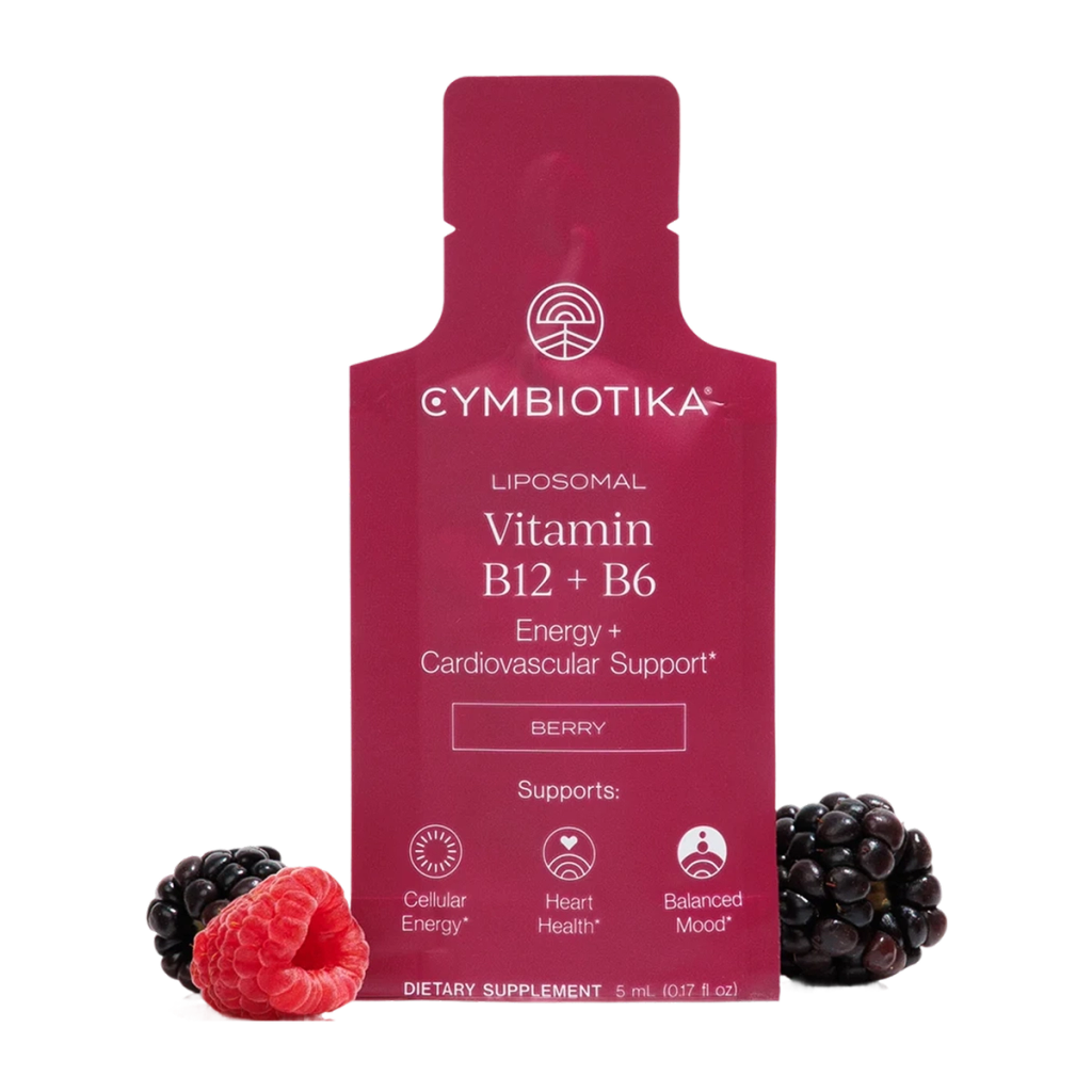 Red Liposomal Vitamin B12 + B6 Berry supplement pouch with raspberries and blackberries.