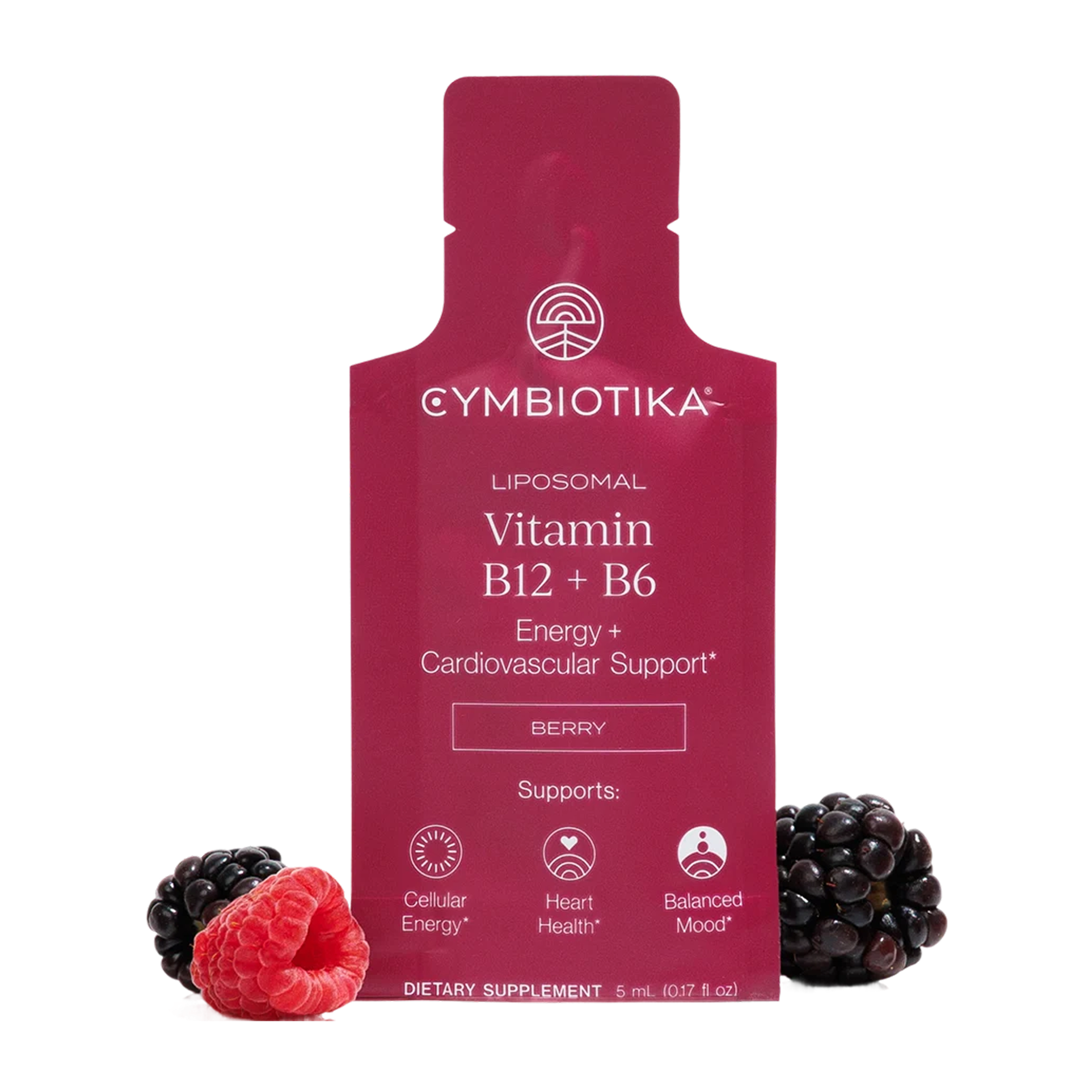 Red Liposomal Vitamin B12 + B6 Berry supplement pouch with raspberries and blackberries.