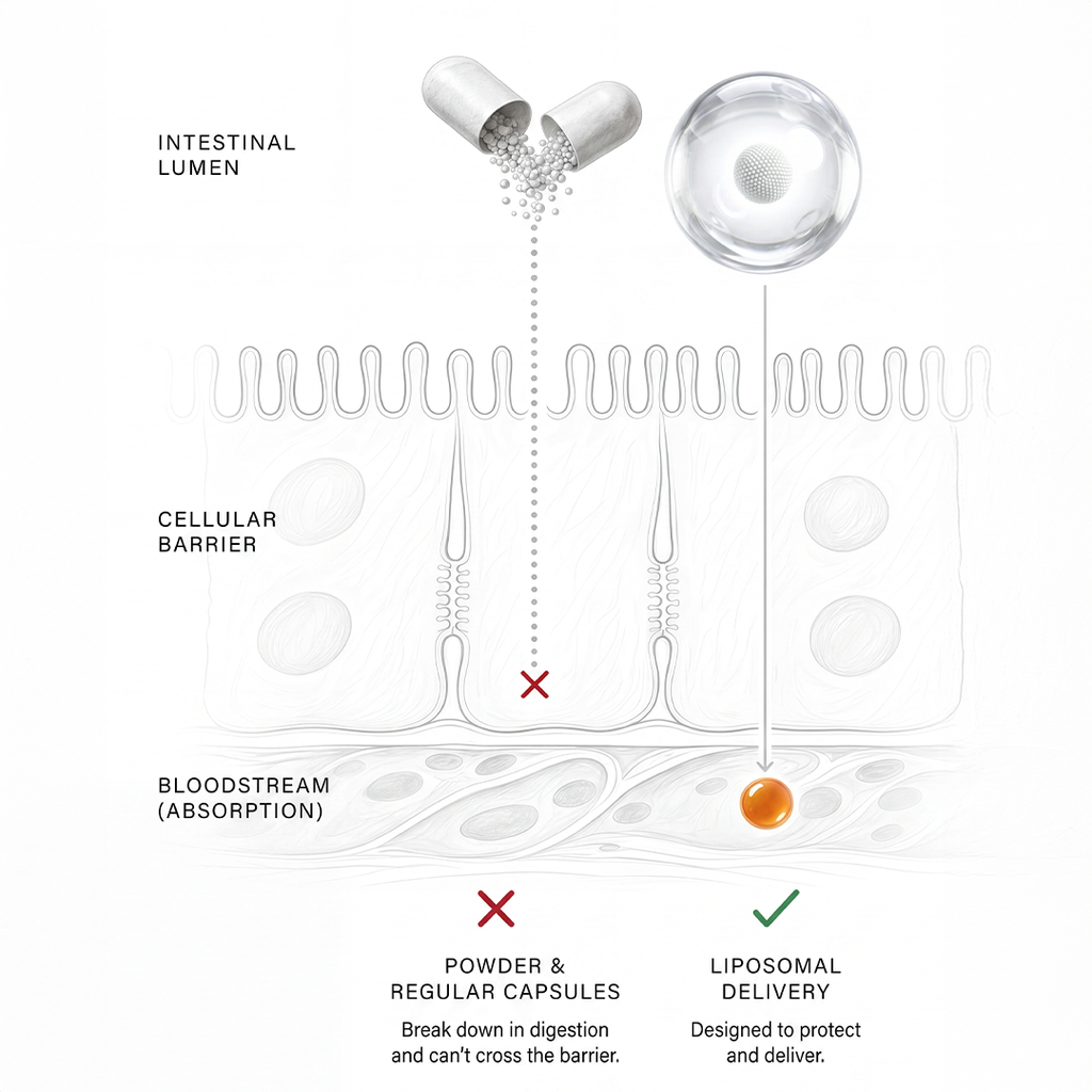Diagram compares regular capsule particles blocked by the intestinal cellular barrier with liposomal delivery passing into the bloodstream.