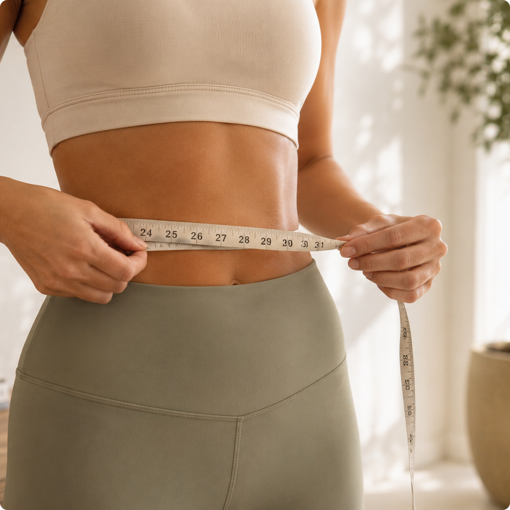 Person measuring their waist with a tape measure, wearing a beige sports bra and olive leggings.
