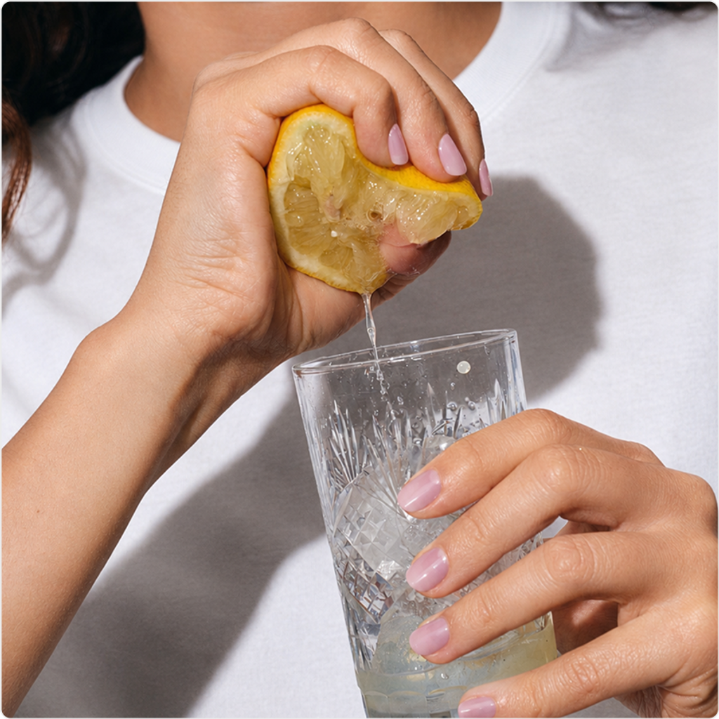 Person squeezes a lemon wedge over a glass of water.