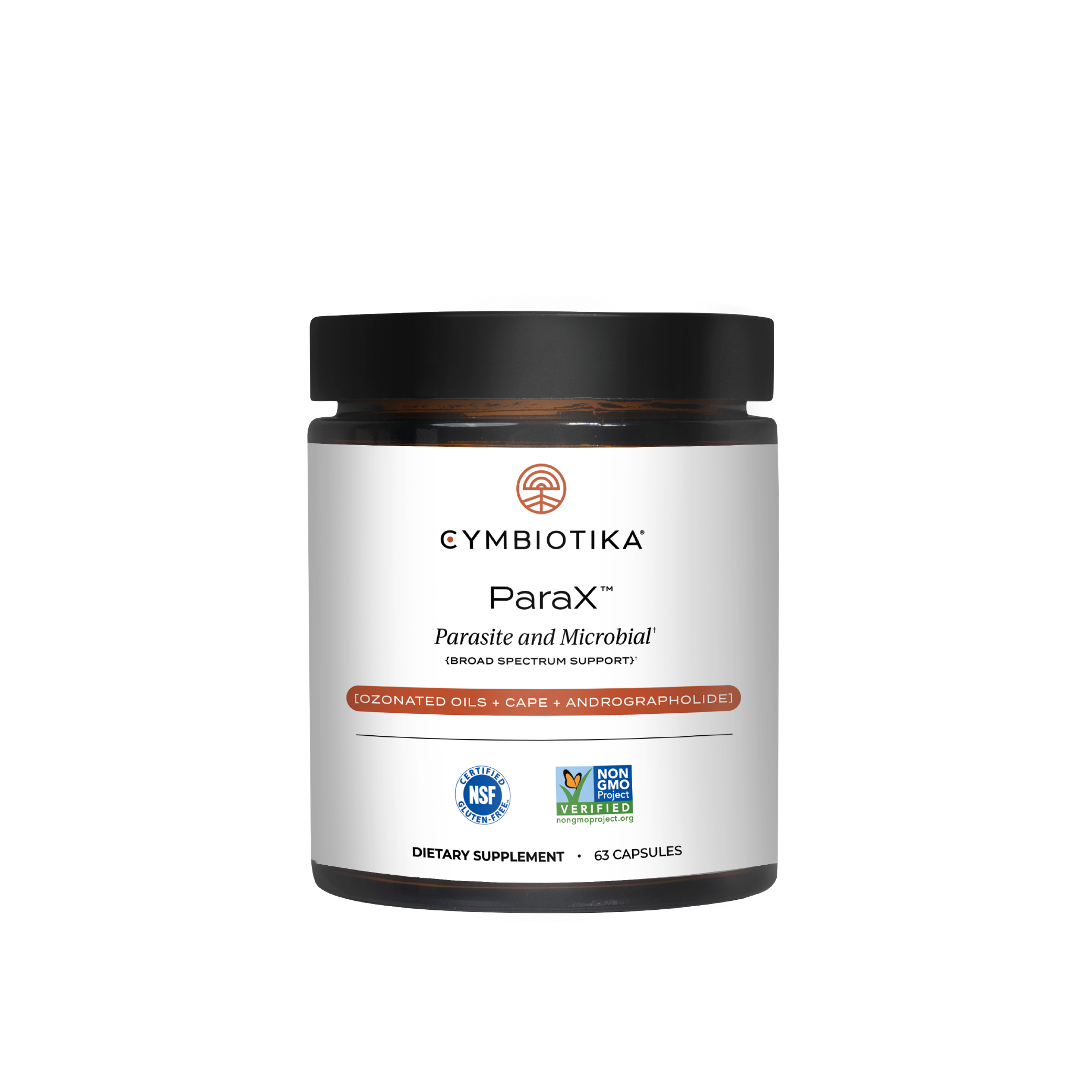 Cymbiotika ParaX supplement bottle labeled “Parasite and Microbial Broad Spectrum Support.”