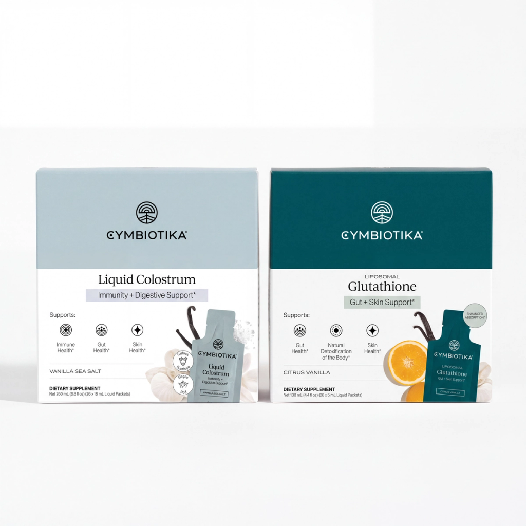 Liquid Colostrum and Liposomal Glutathione boxes displayed side by side, with matching liquid-packet illustrations.