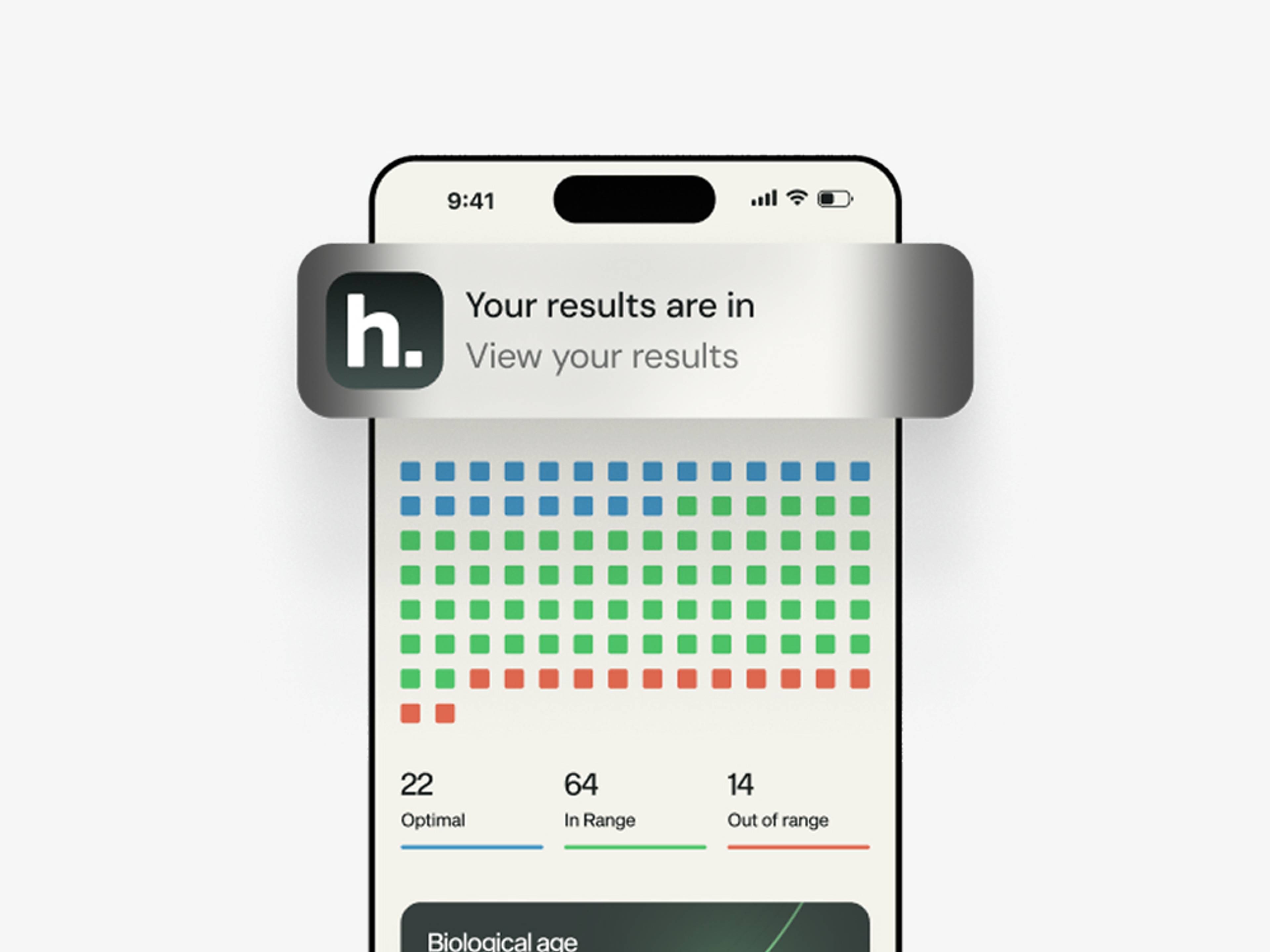 Phone screen shows biomarker results: 22 optimal, 64 in range, and 14 out of range.