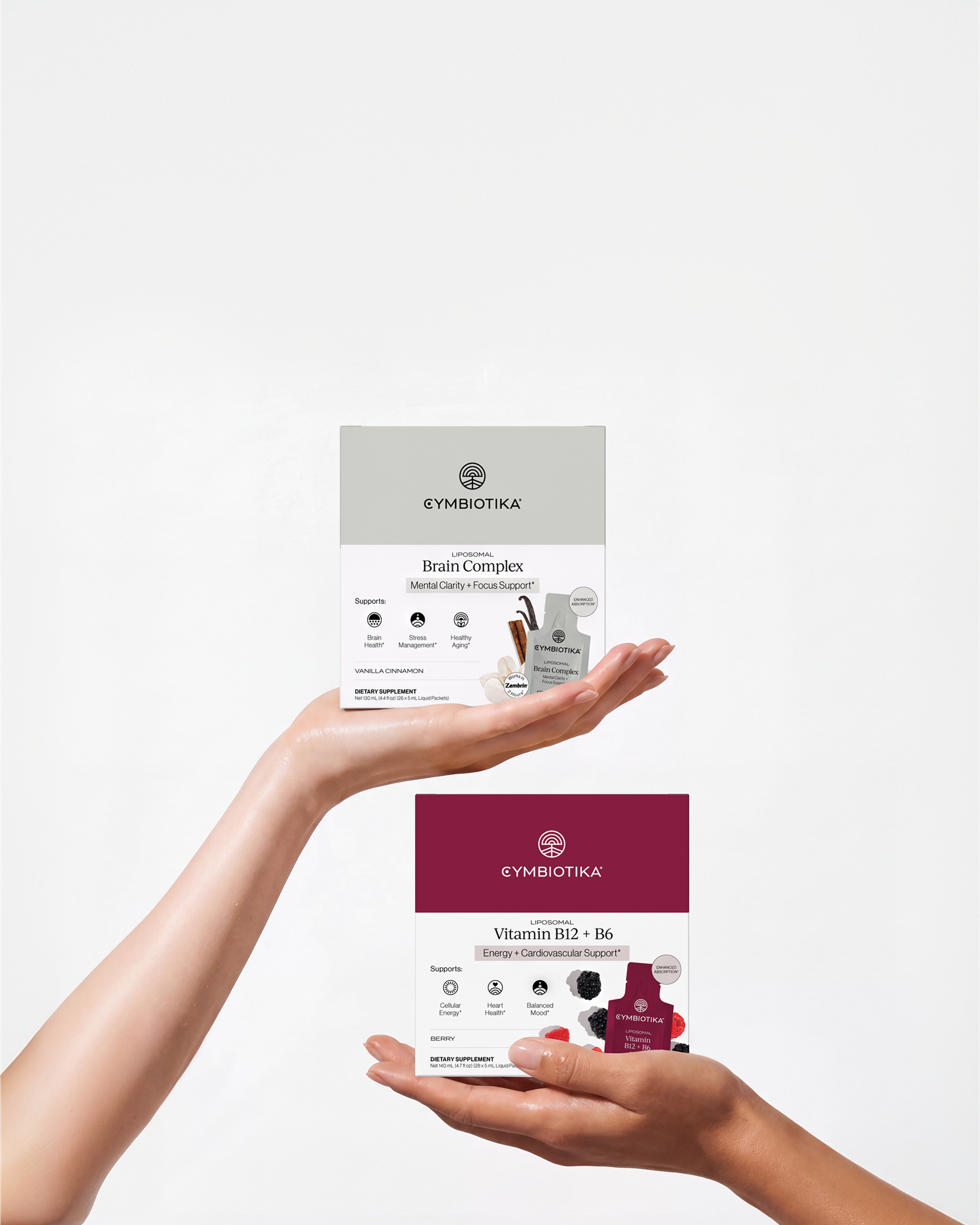 Hands present Cymbiotika Brain Complex and Vitamin B12 + B6 supplement boxes for the Solution Stacks collection.