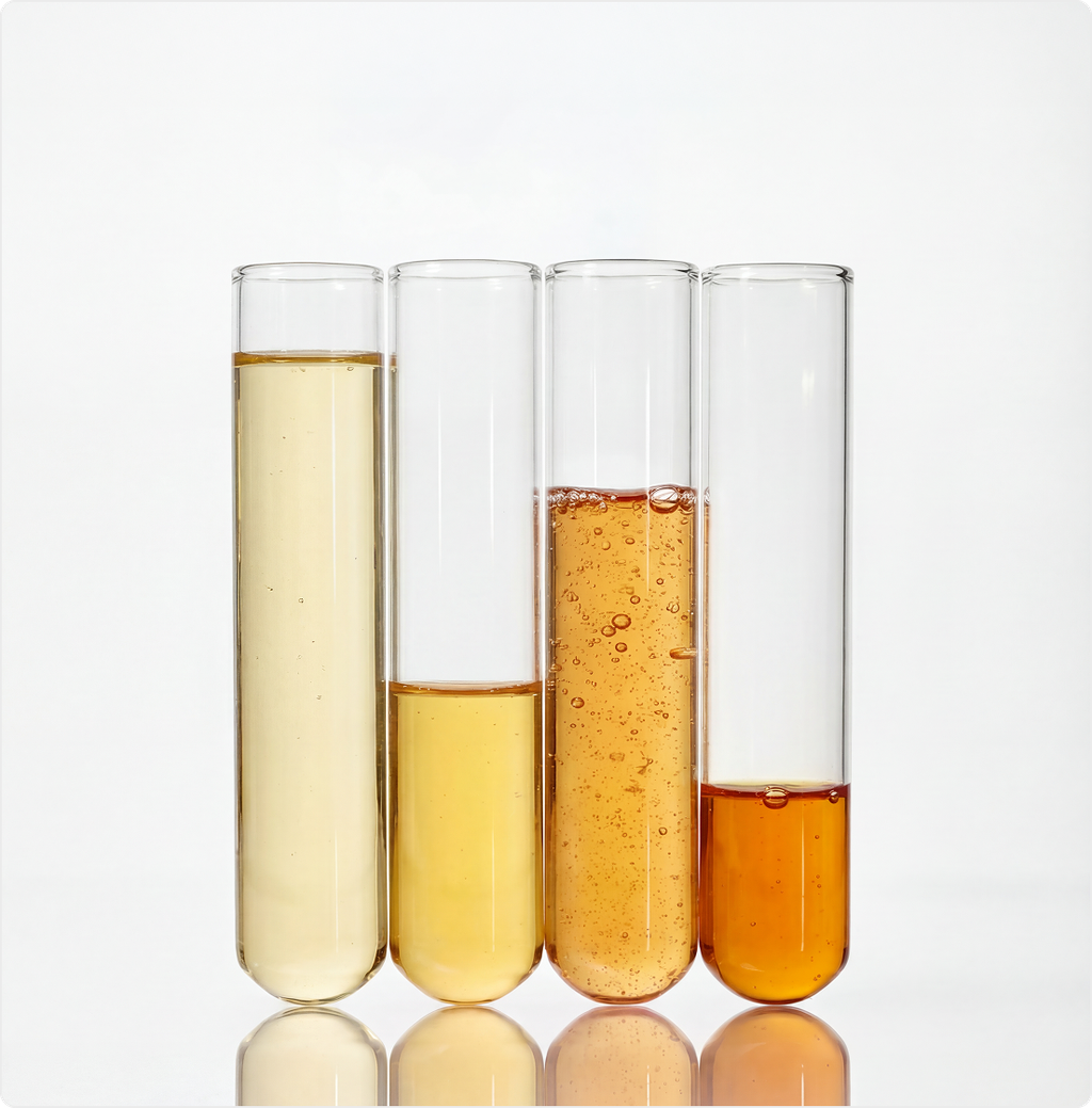 Four transparent test tubes contain pale cream, yellow, bubbly amber, and orange liquids.