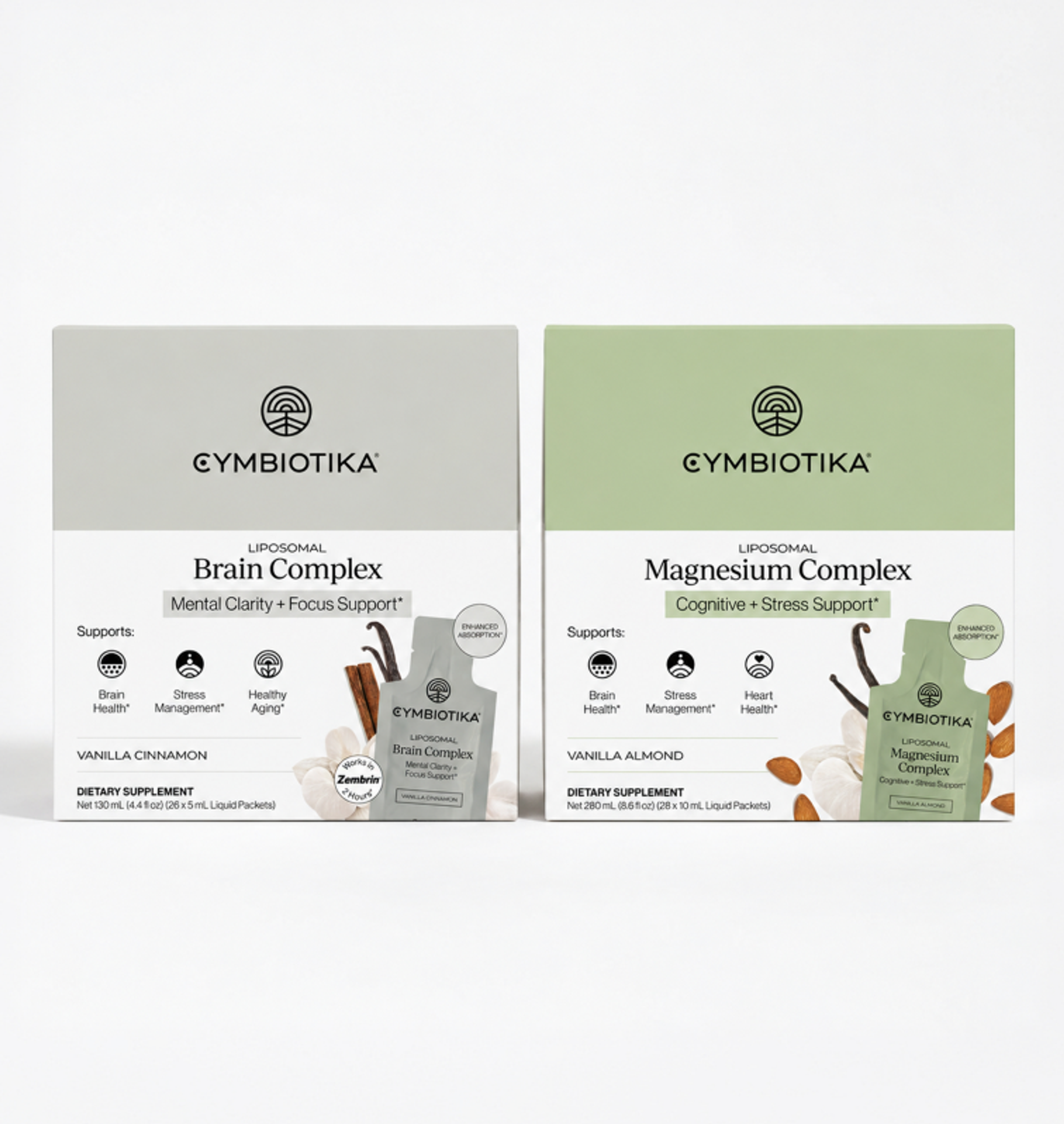 Liposomal Brain Complex and Liposomal Magnesium Complex packages shown side by side in white and green packaging.