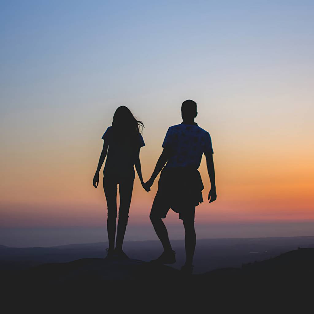 Silhouetted couple holding hands on a hill at sunset.