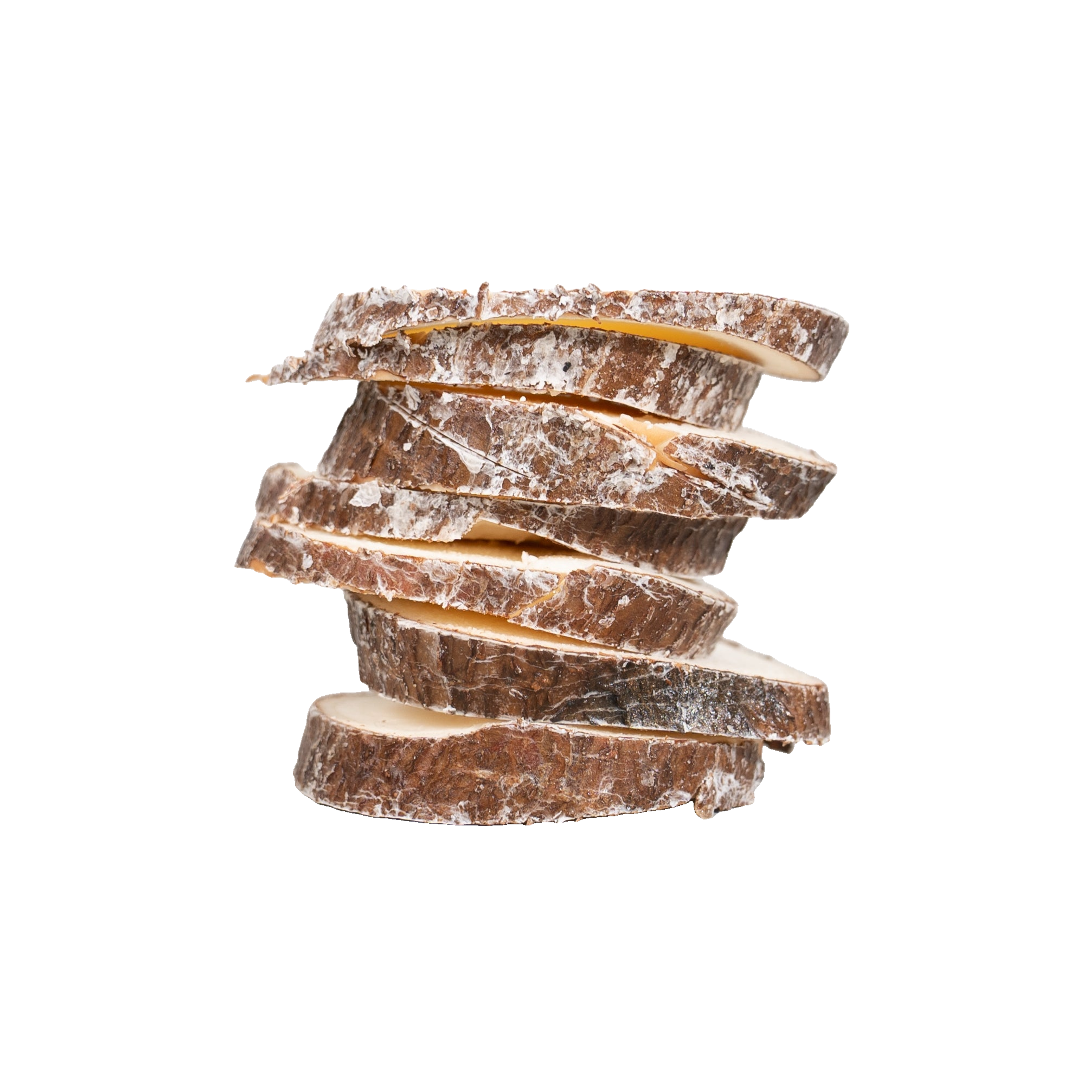 Stack of irregular brown-and-tan slices with mottled, rough surfaces, depicting an ingredient.