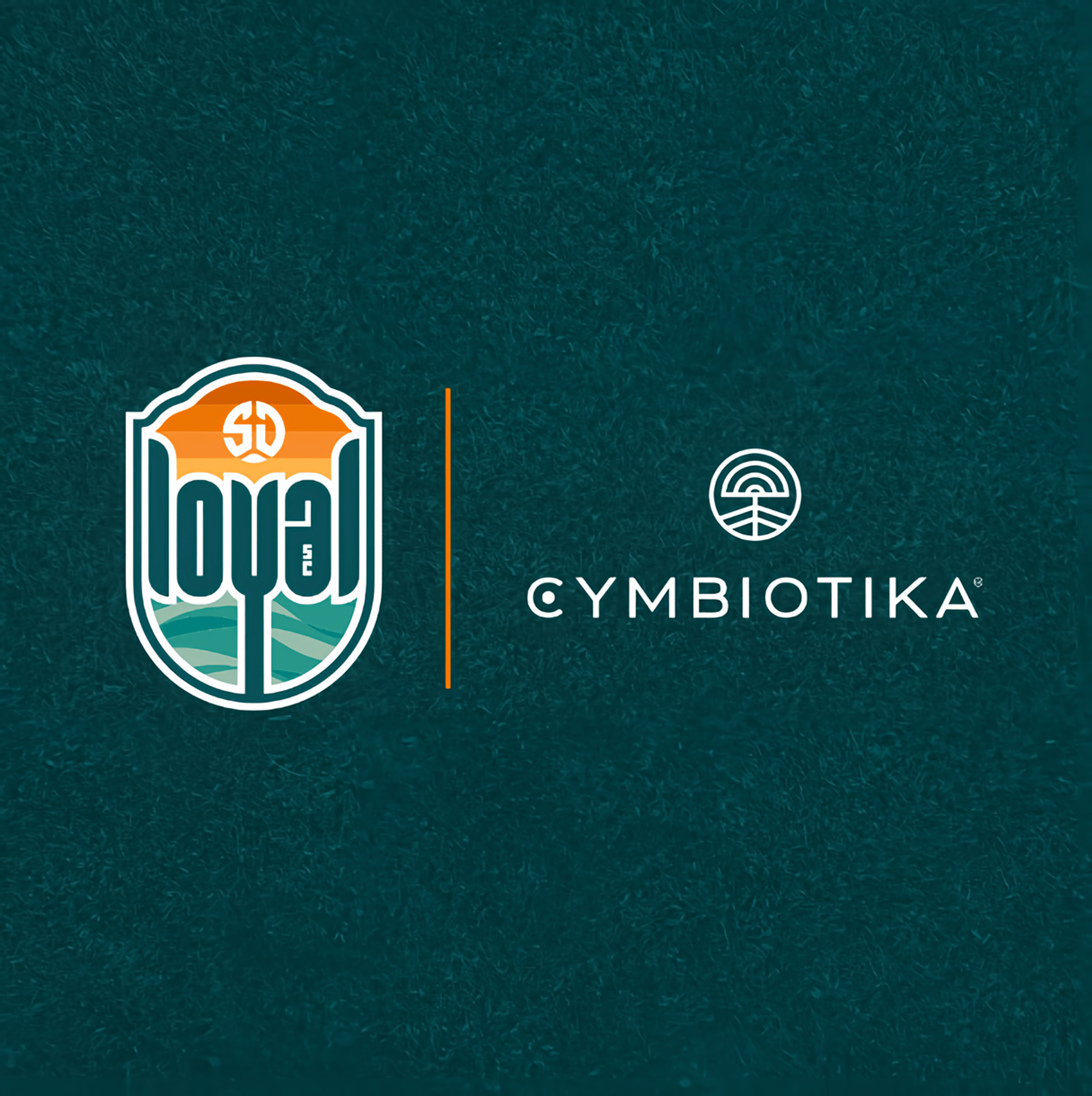 San Diego Loyal SC crest beside the Cymbiotika logo on a textured dark teal background.