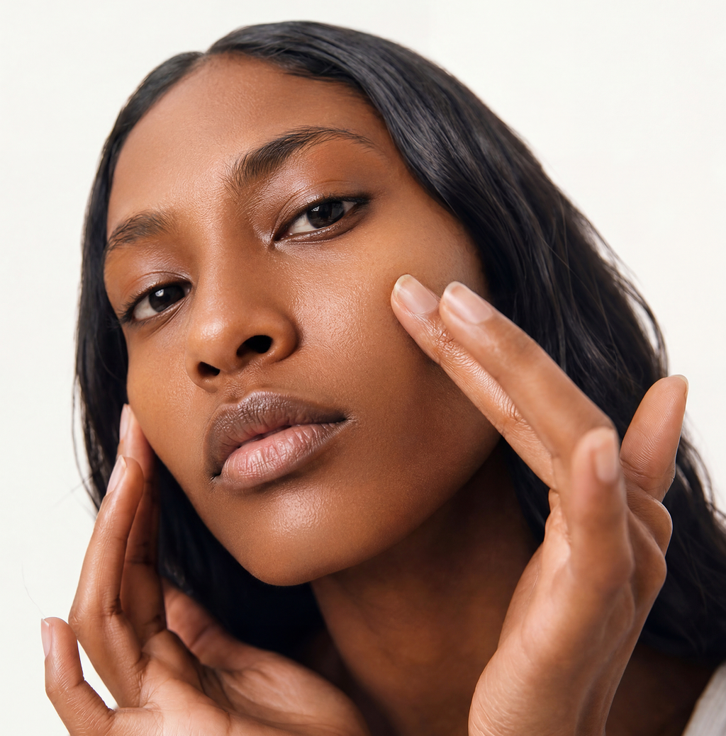 Close-up portrait of a woman gently touching her cheek, illustrating skin care during weight loss.