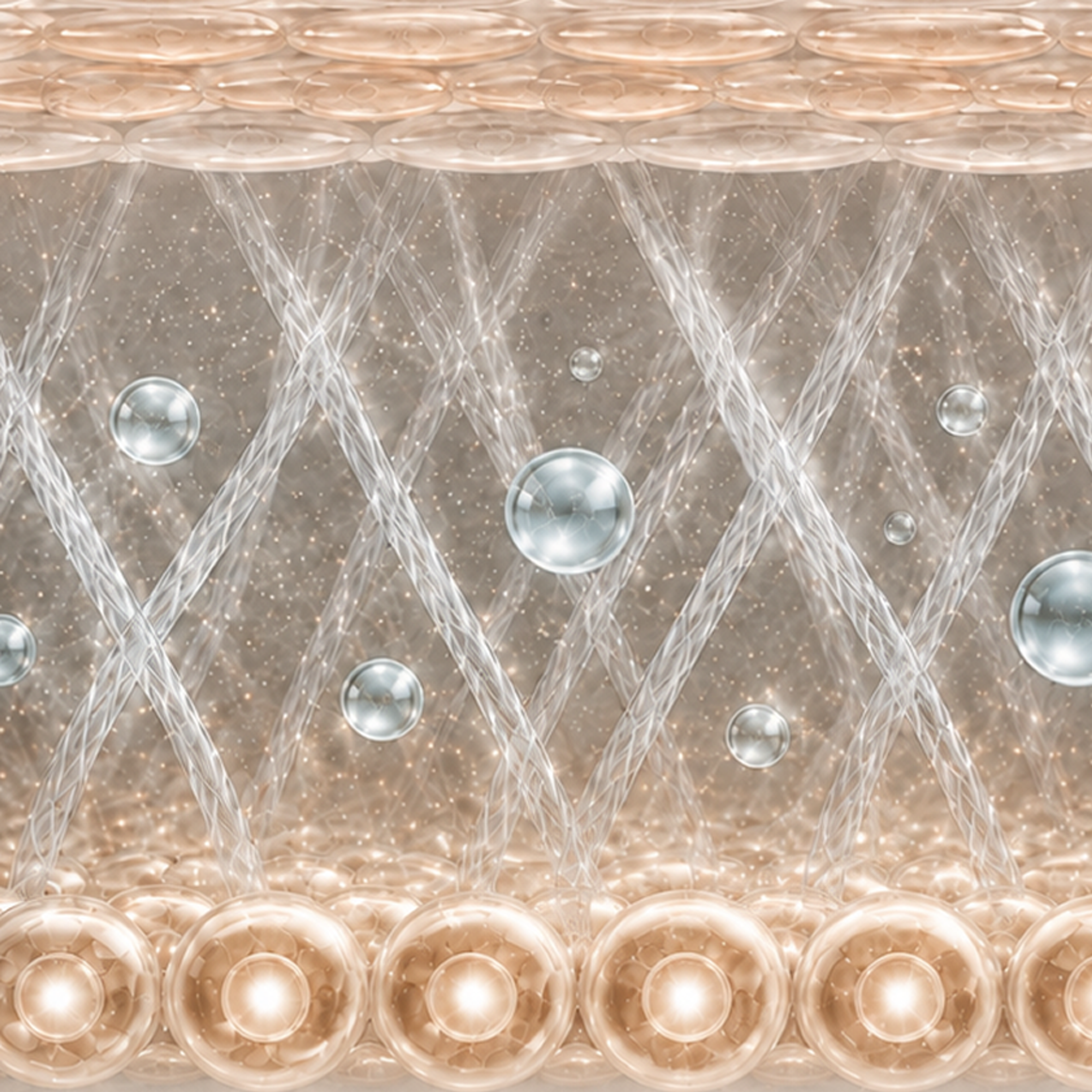 Illustration of skin layers with bubbles and crisscrossing strands between rows of skin cells.