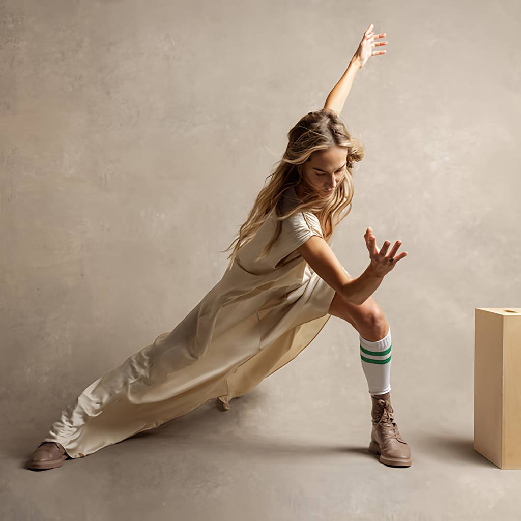 Woman in a cream dress holds a deep side lunge with one arm raised beside a wooden block.