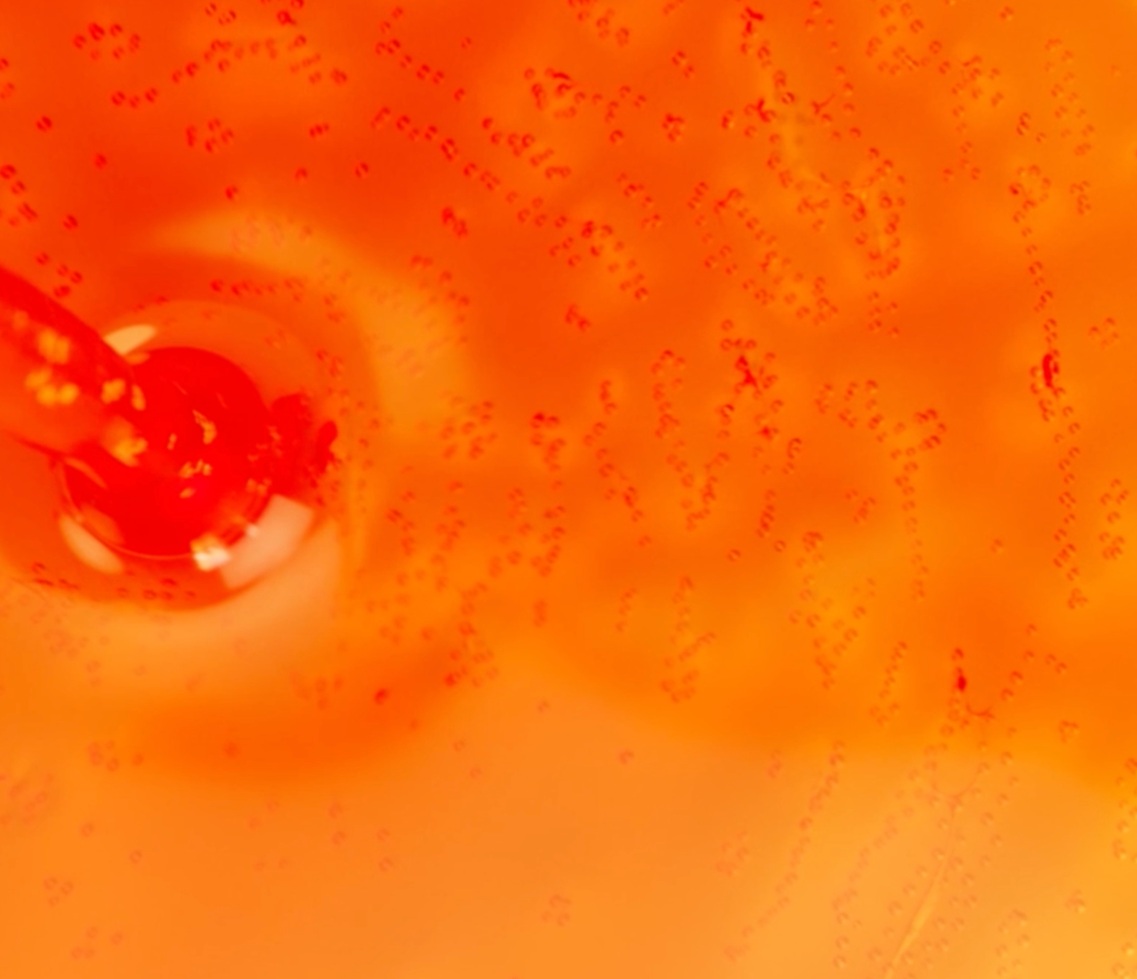 Abstract orange close-up with scattered red flecks and a red circular form at the left.