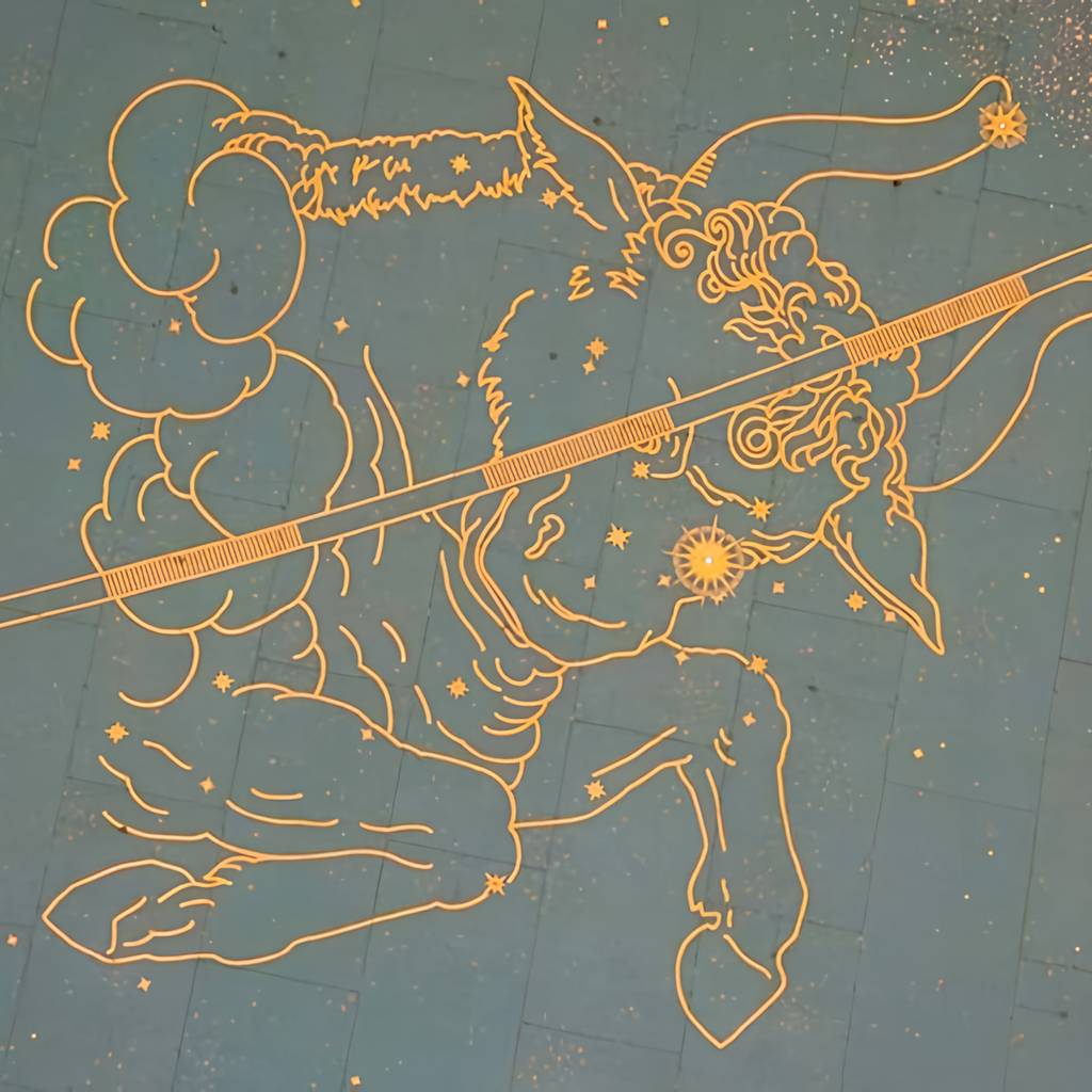 Gold line illustration of a centaur drawing a bow against a speckled teal, starry background.