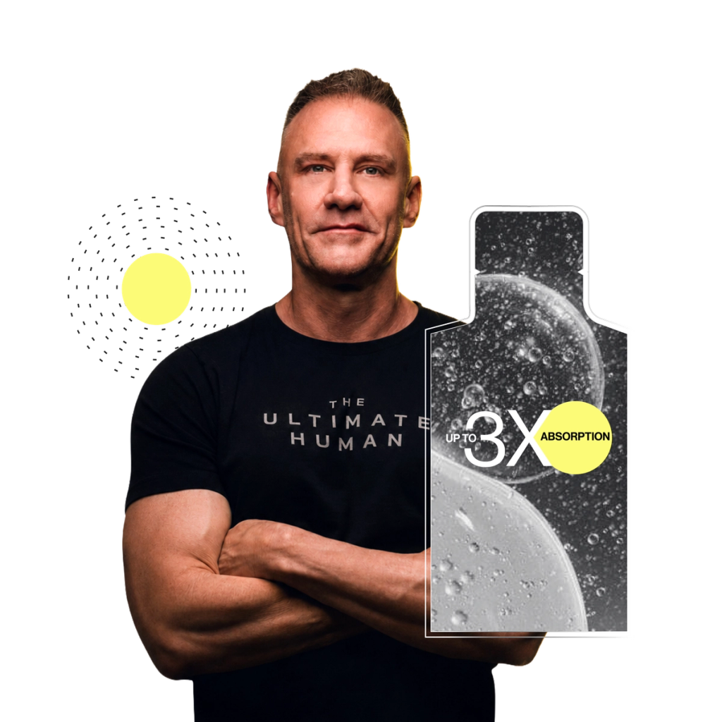 Man with folded arms beside a pouch-shaped graphic reading “UP TO 3X ABSORPTION,” with yellow circles and dotted accents.