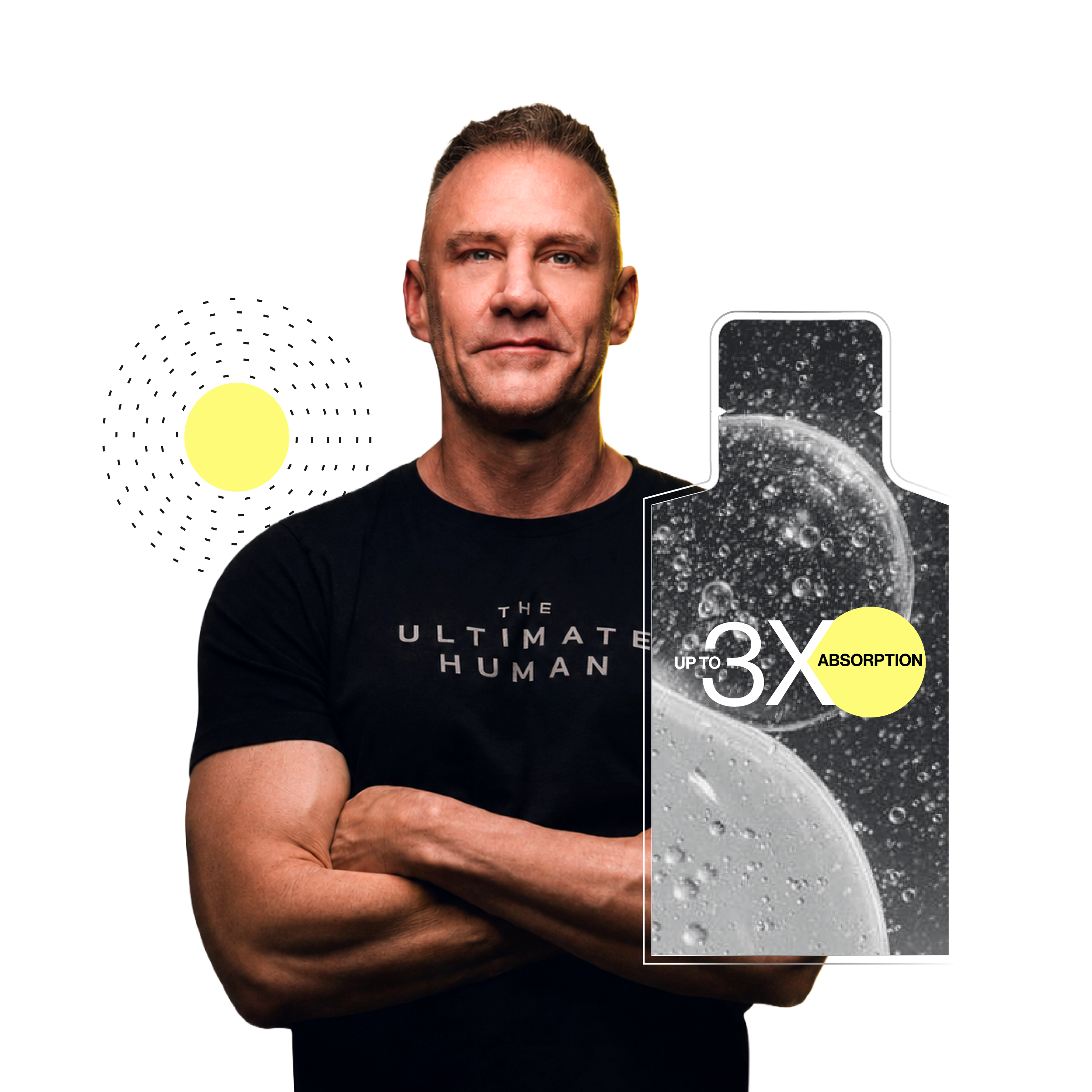 Man with folded arms beside a pouch-shaped graphic reading “UP TO 3X ABSORPTION,” with yellow circles and dotted accents.