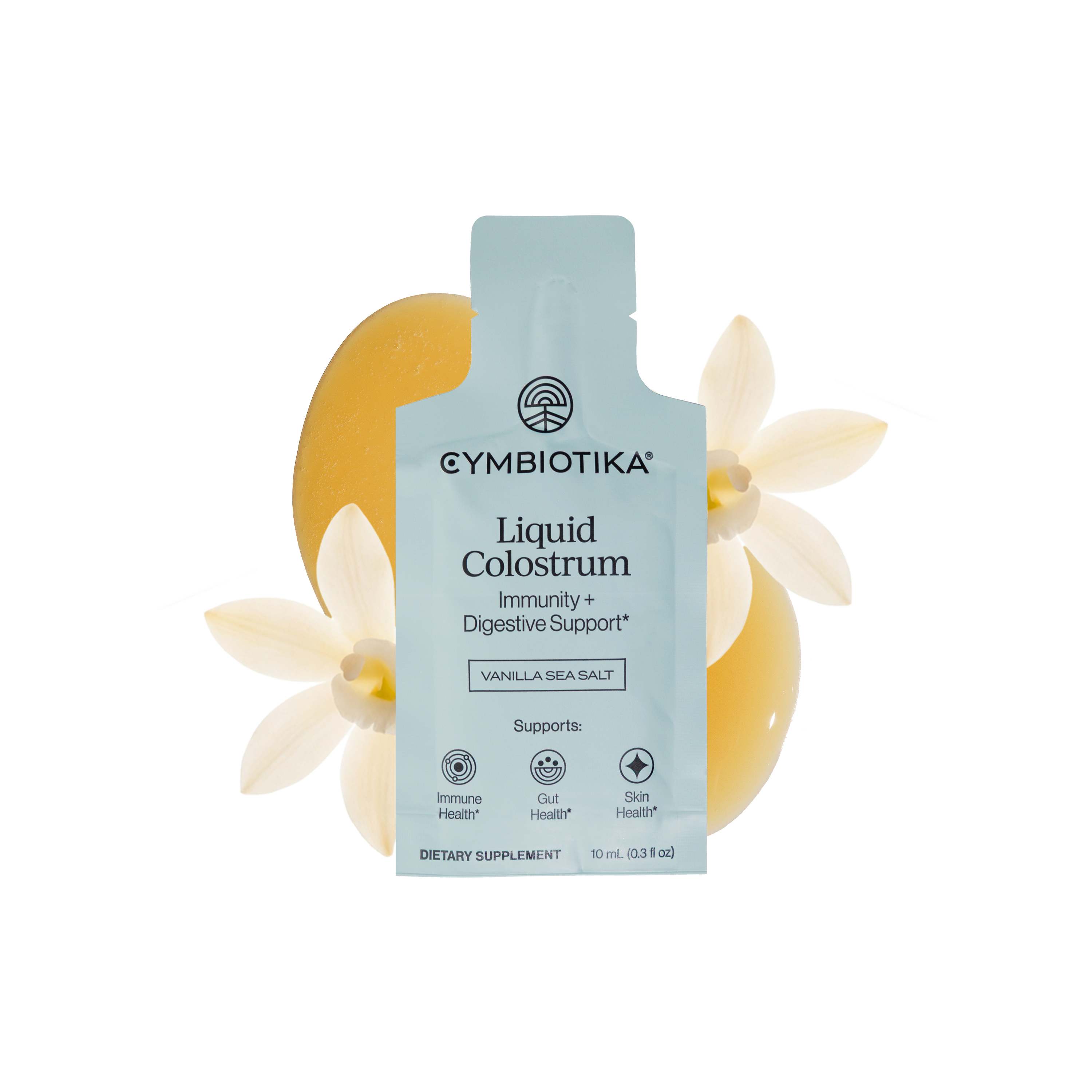 Liquid Colostrum pouch centered among cream-colored flowers and golden abstract shapes.