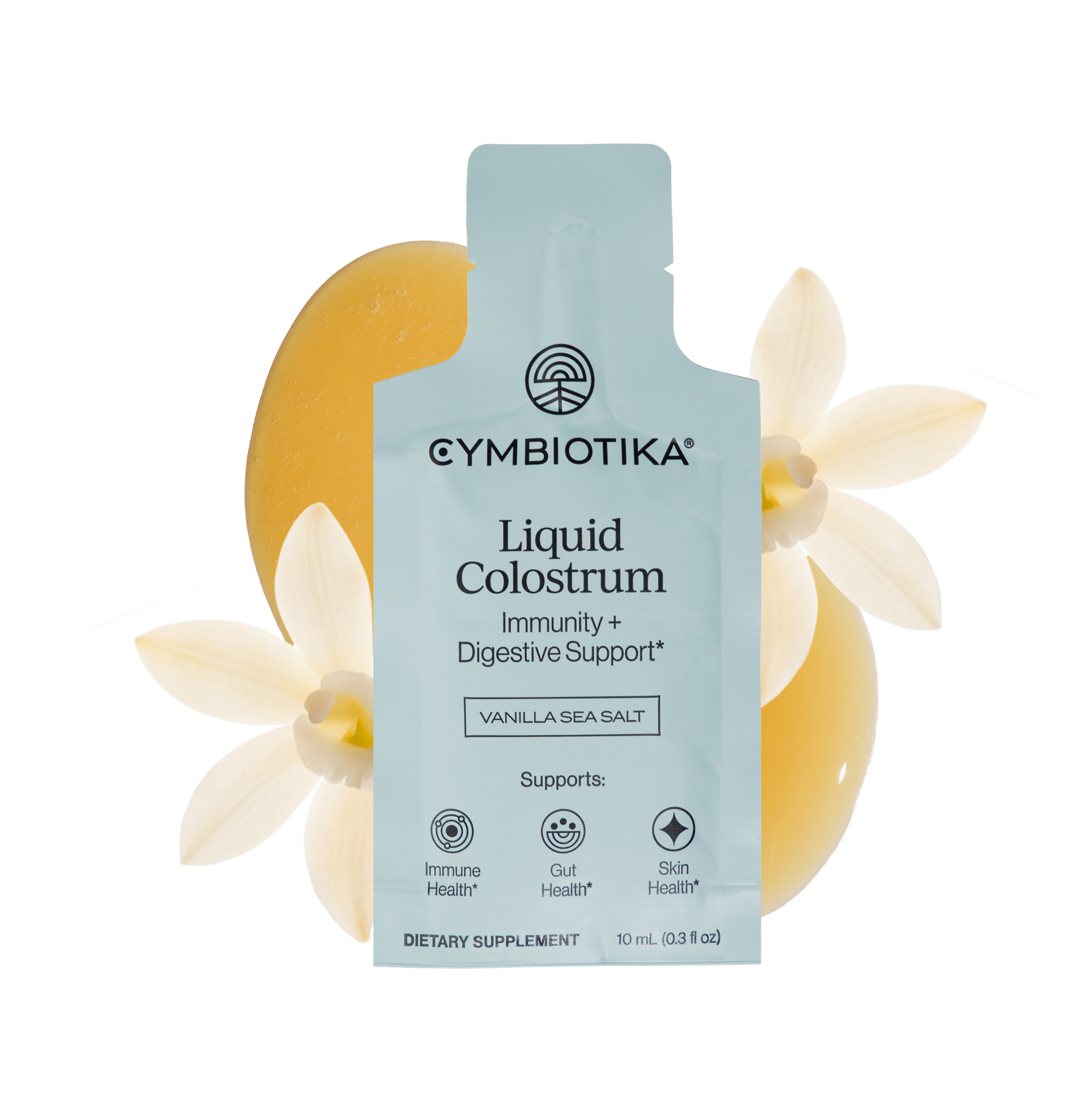 Liquid Colostrum pouch centered among cream-colored flowers and golden abstract shapes.