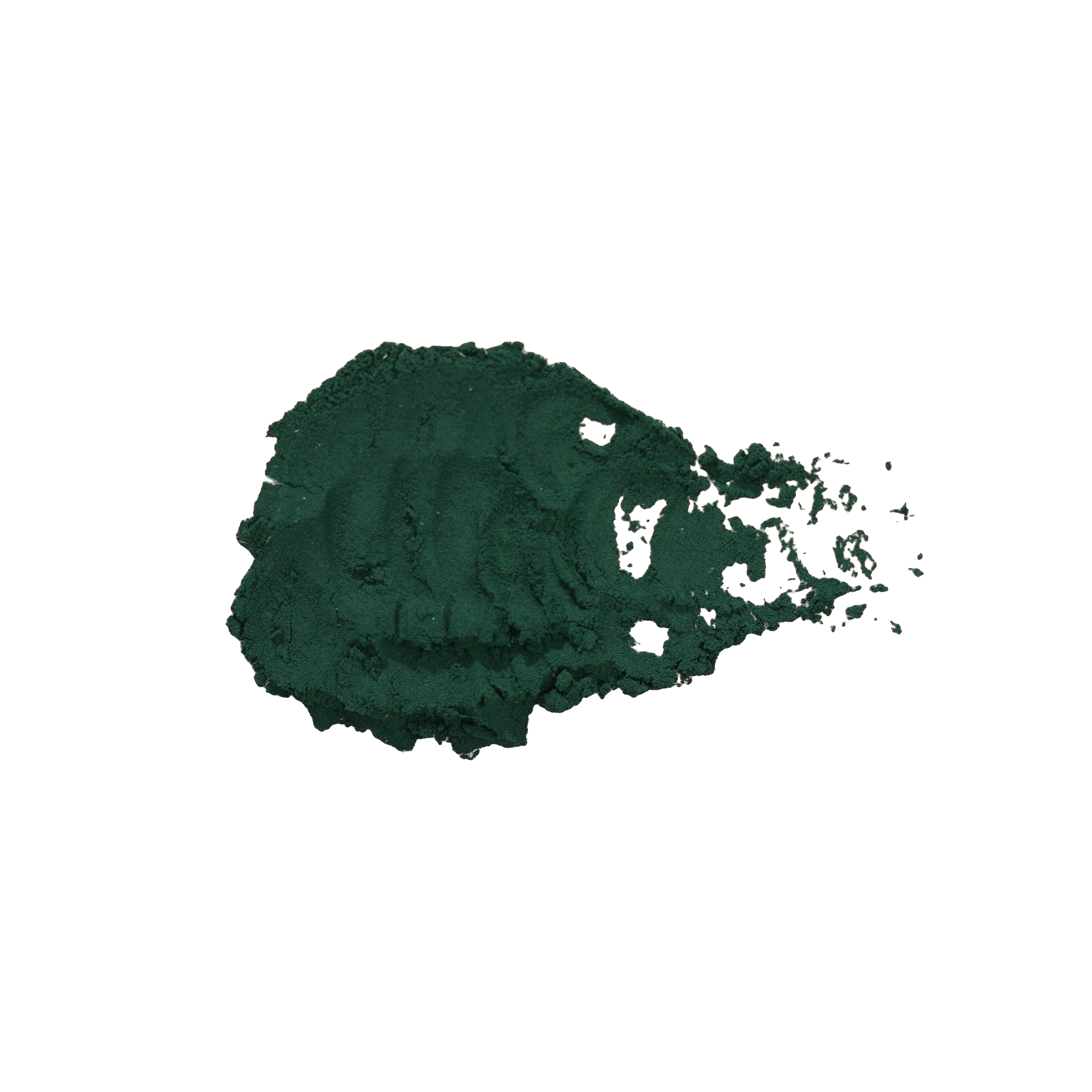 Irregular mound of dark green powder with scattered loose particles.