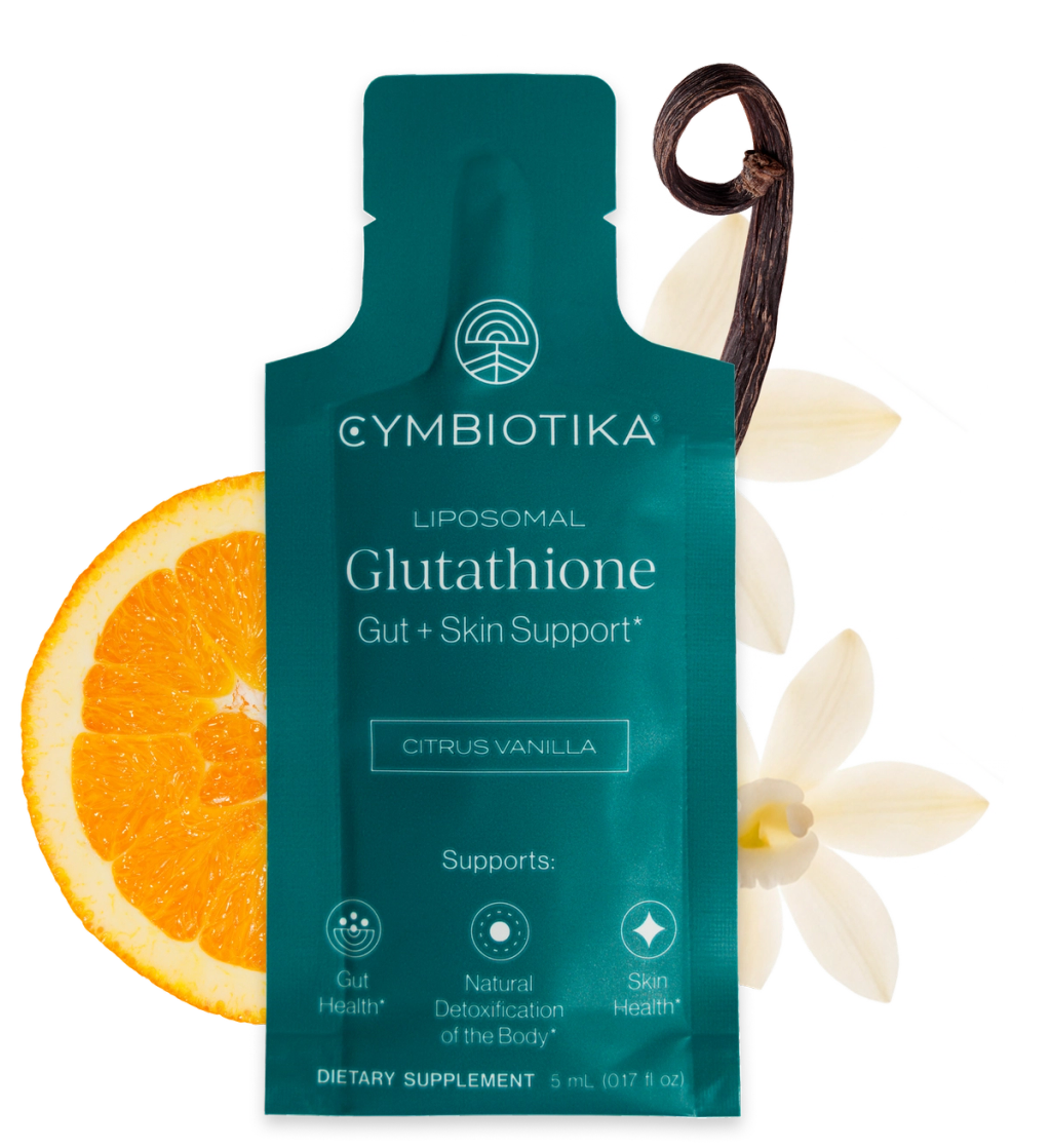 Teal Liposomal Glutathione Citrus Vanilla sachet displayed with an orange slice, vanilla bean, and white flowers.