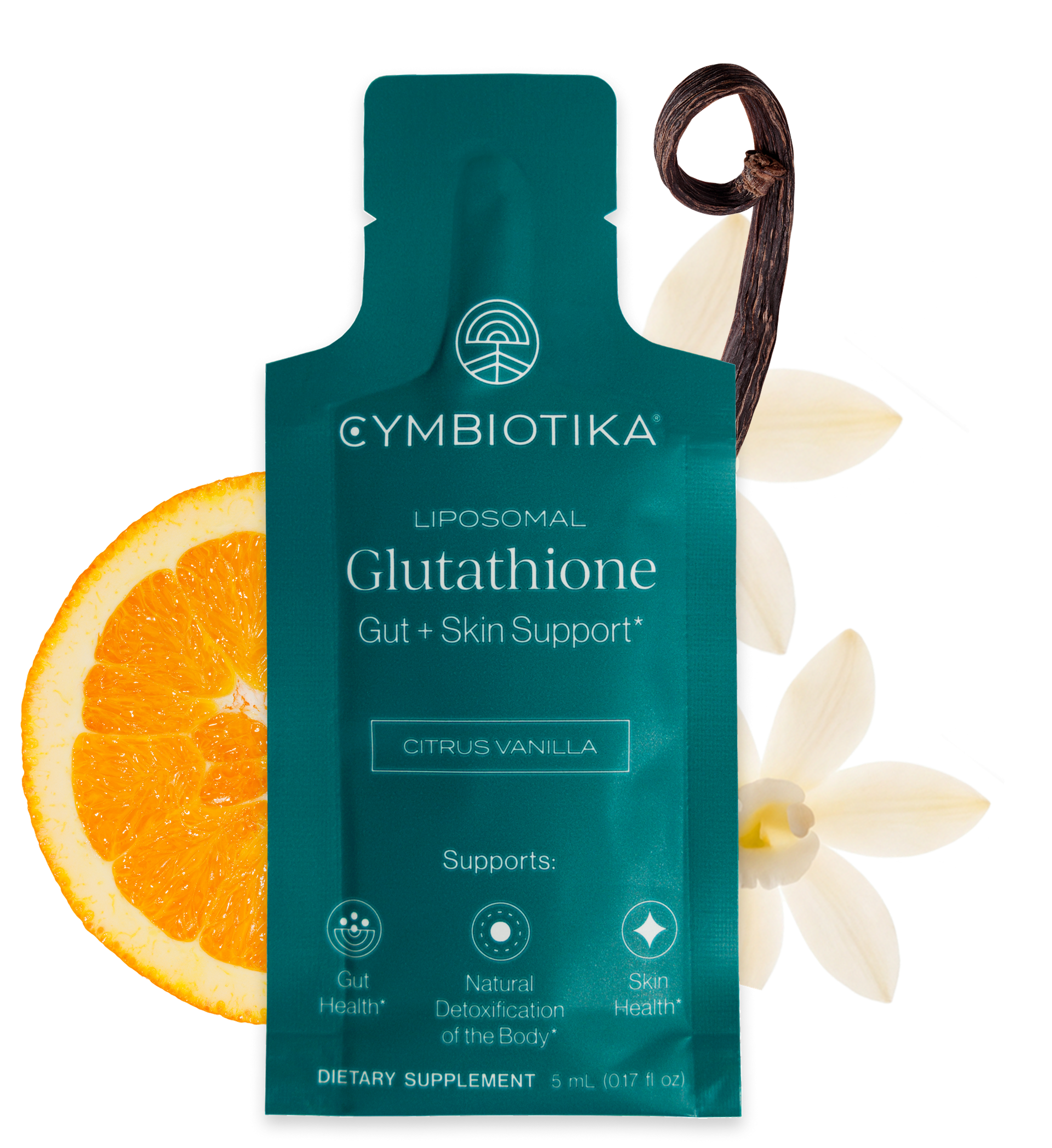 Teal Liposomal Glutathione Citrus Vanilla sachet displayed with an orange slice, vanilla bean, and white flowers.