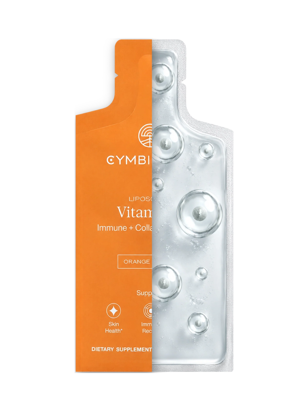 Orange supplement pouch partly covered by a clear sachet with bubble-like circles, illustrating liposomal delivery.