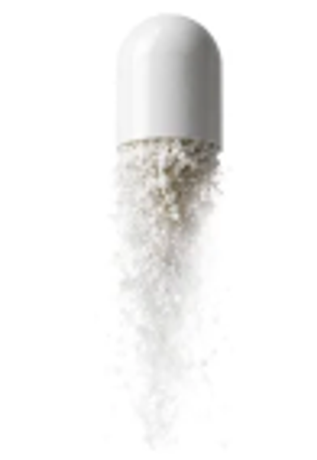 An open capsule releases a stream of granular powder, illustrating pills and powders.