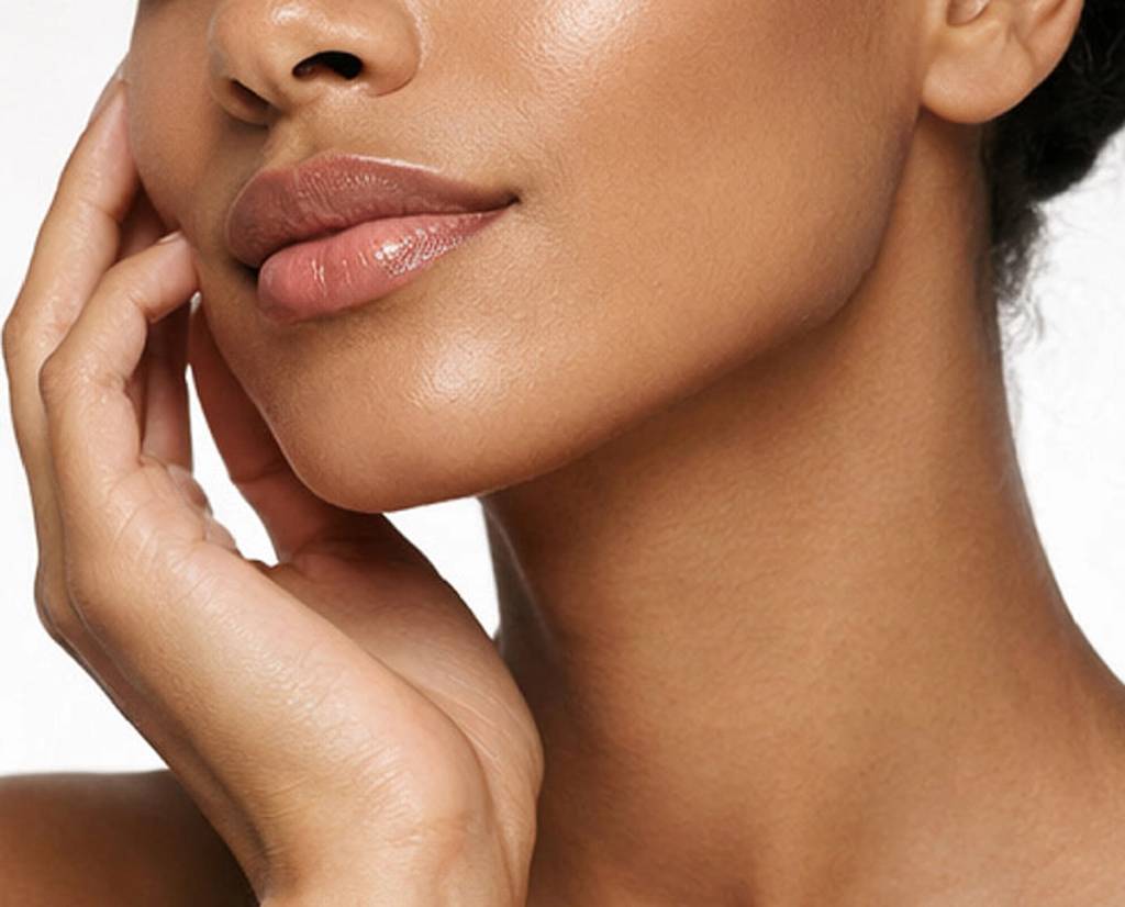 Close-up of a woman touching her cheek and jawline against a white background.