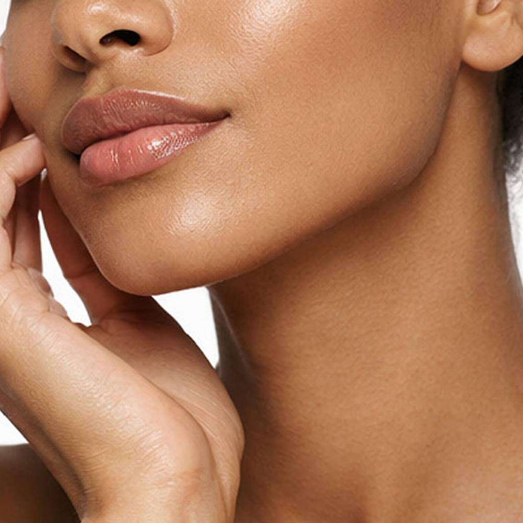 Close-up of a woman touching her cheek and jawline against a white background.