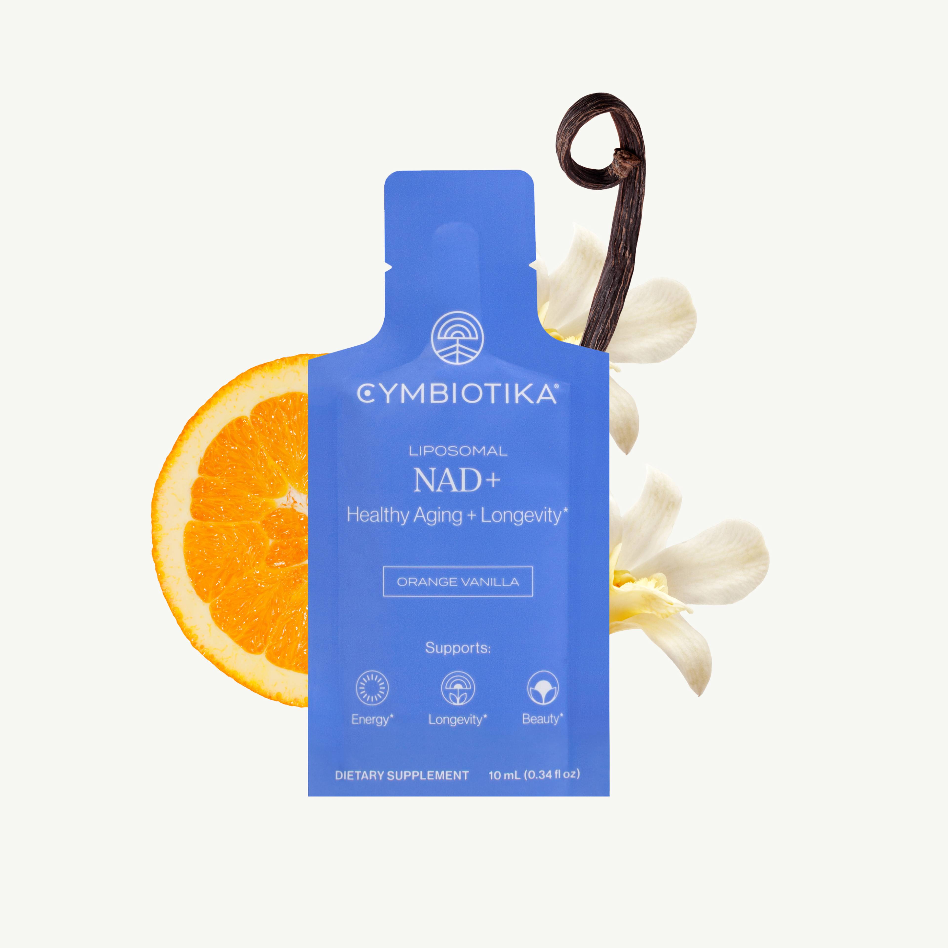 Blue Liposomal NAD+ packet displayed with an orange slice, pale flower, and curled dark pod.