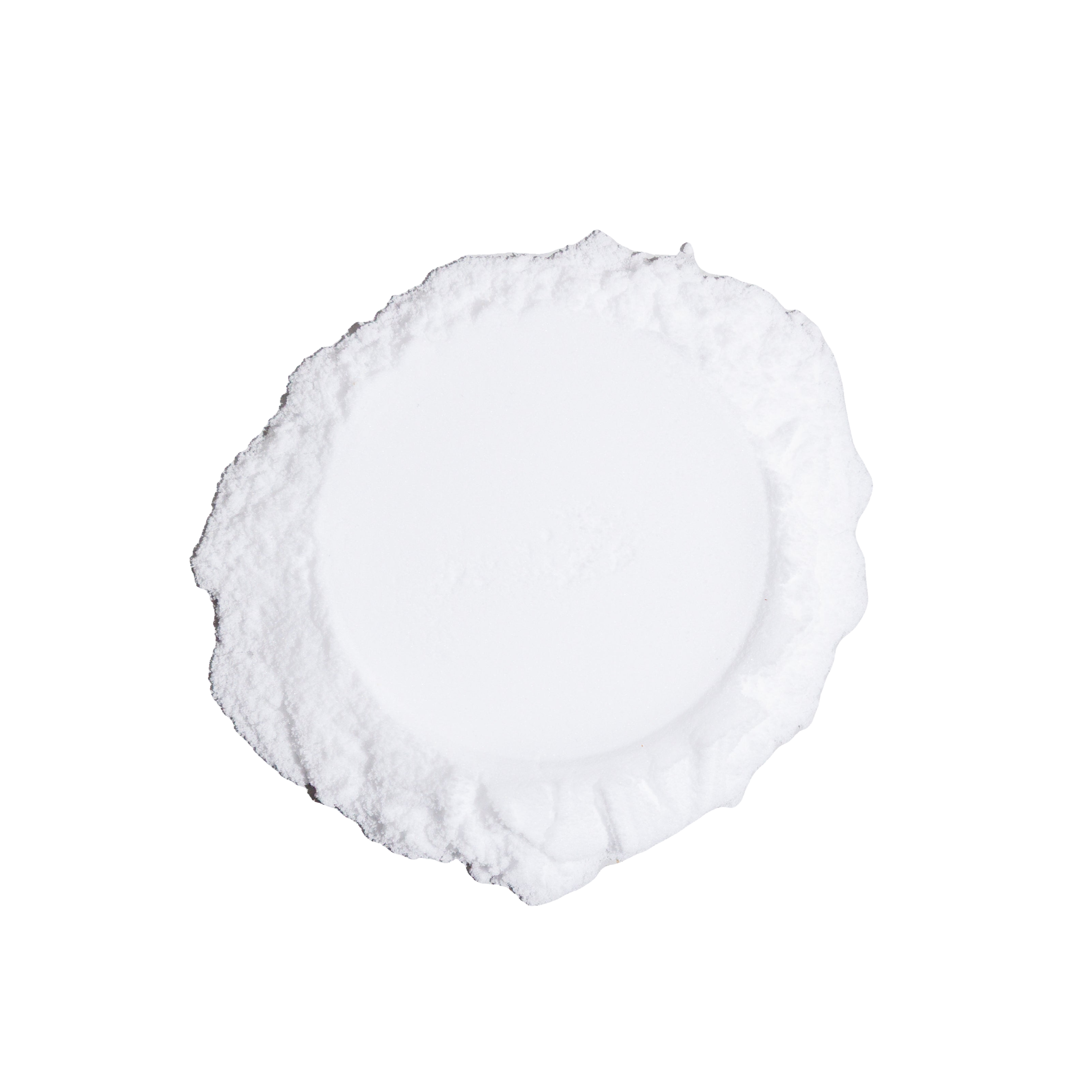 Round white form with a smooth center and irregular, textured edge.