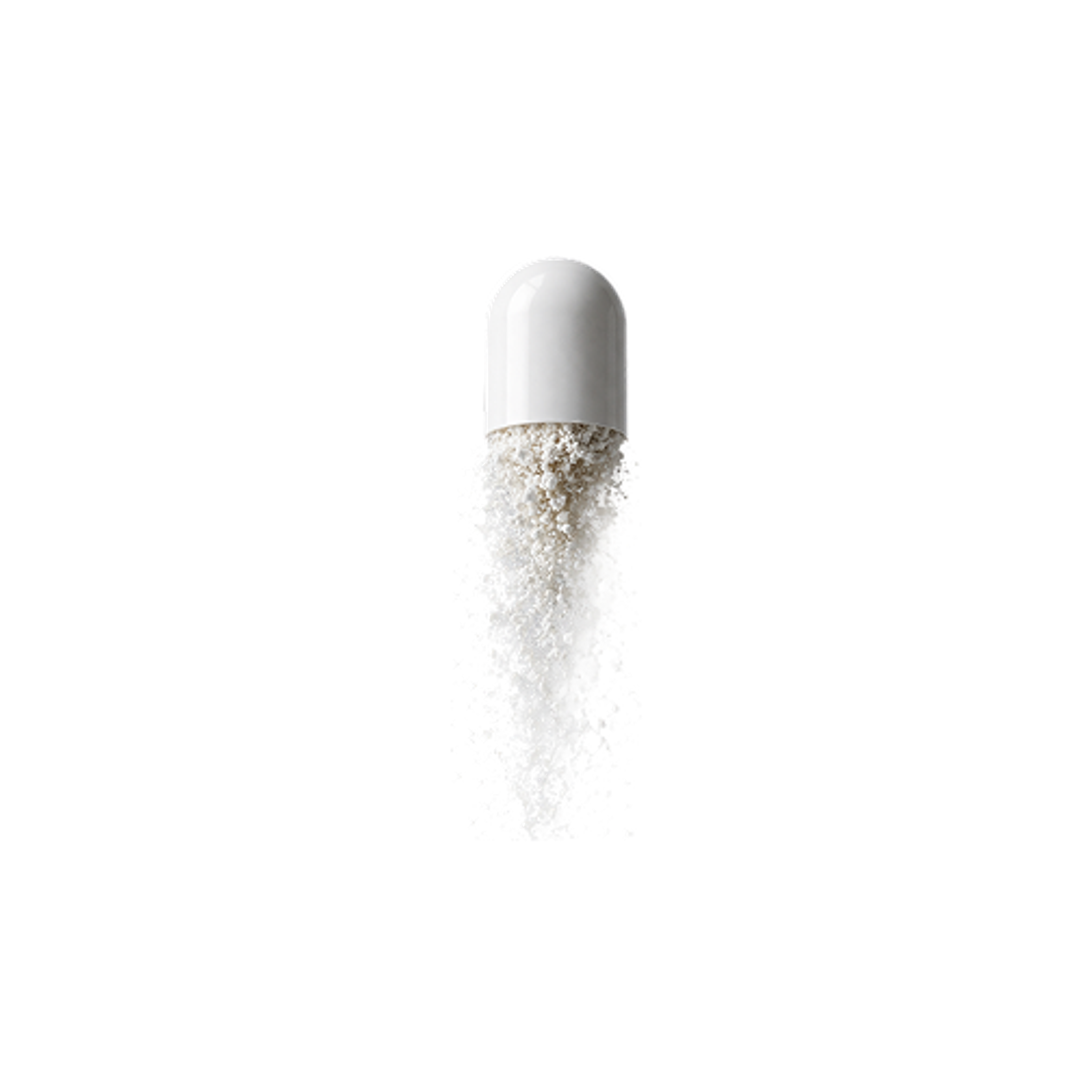 White capsule releasing a stream of fine powder, illustrating conventional pills and powders in supplement comparisons.