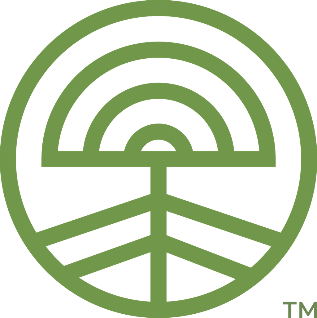 Green circular Cymbiotika emblem with nested arches above branching lines, plus a small trademark symbol.