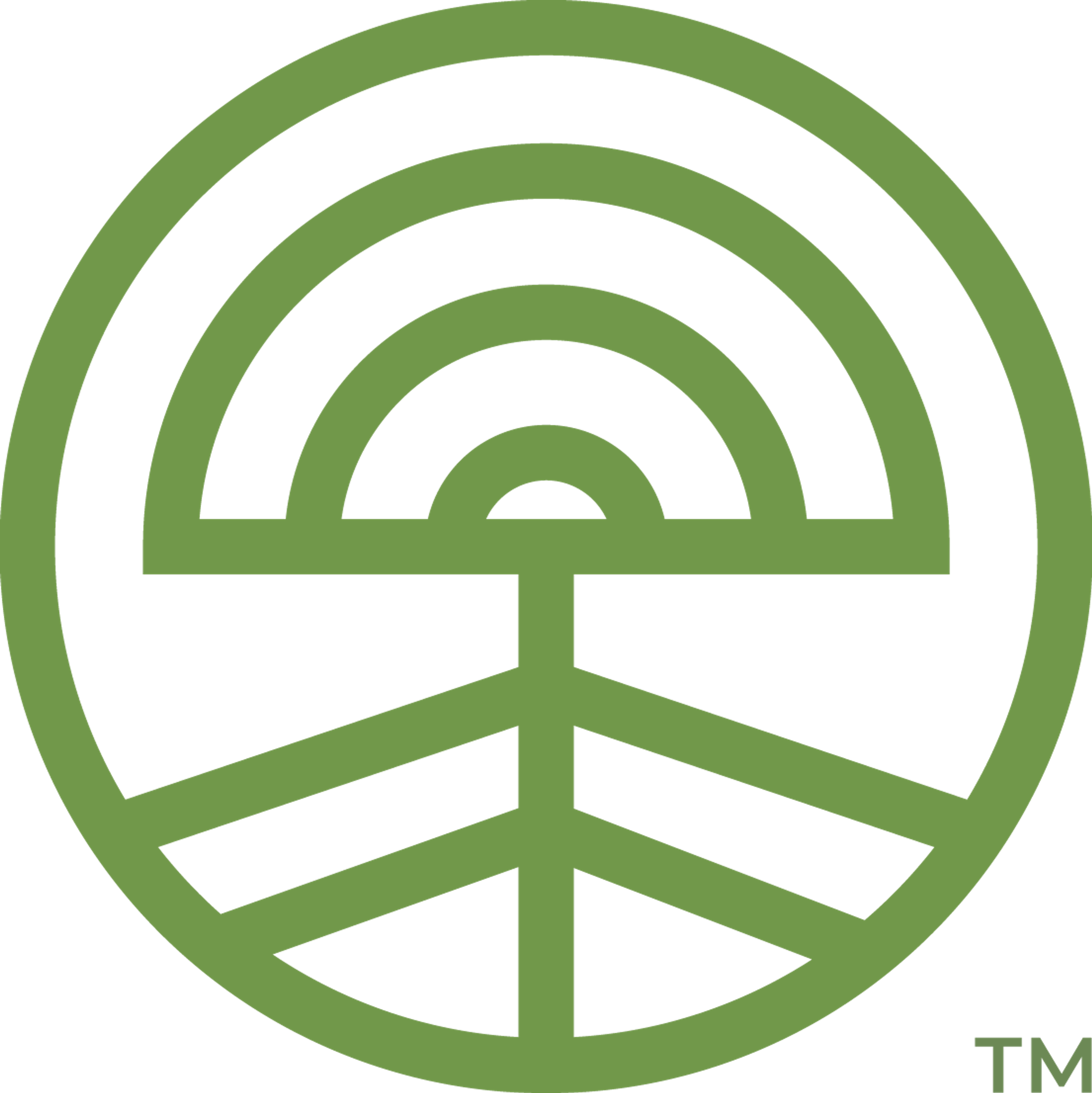 Green circular Cymbiotika emblem with nested arches above branching lines, plus a small trademark symbol.