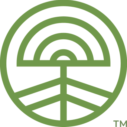 Green circular Cymbiotika emblem with nested arches above branching lines, plus a small trademark symbol.
