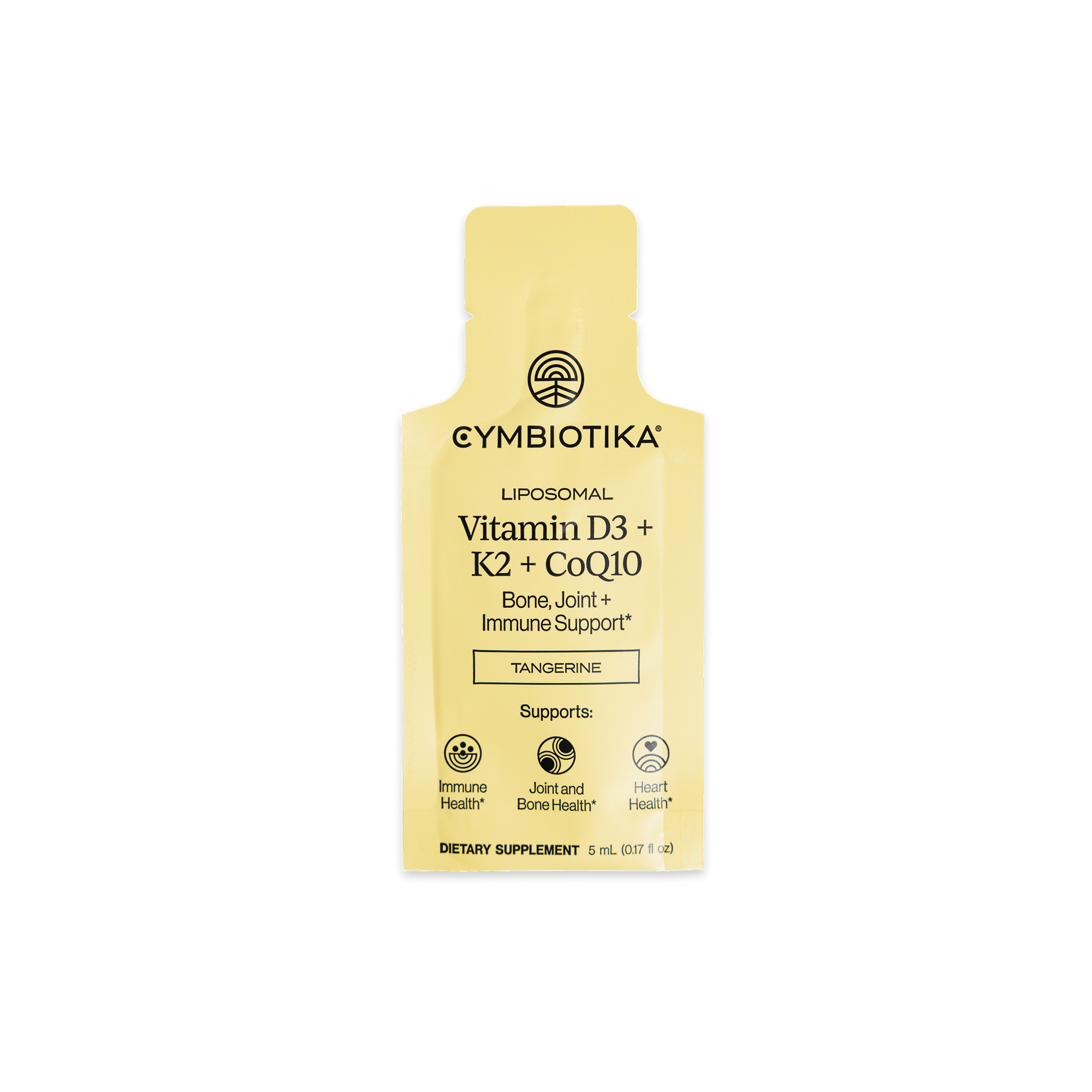 Yellow Cymbiotika Liposomal Vitamin D3 + K2 + CoQ10 single-dose packet labeled Tangerine.