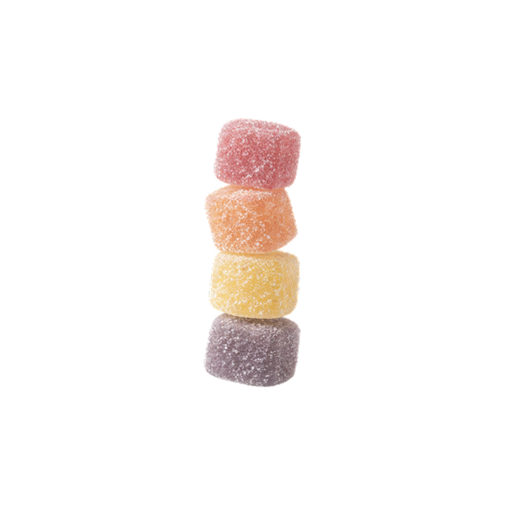 Four sugar-coated gummies stacked vertically in pink, orange, yellow, and purple, representing gummy supplements in a comparison chart.