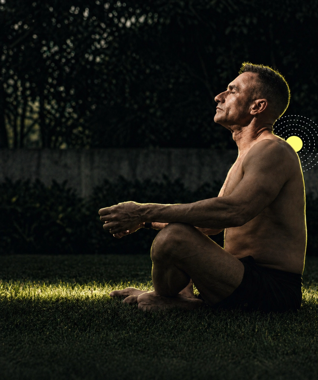 A shirtless man sits cross-legged on grass with his eyes closed; a yellow circle and dotted rings glow behind him.