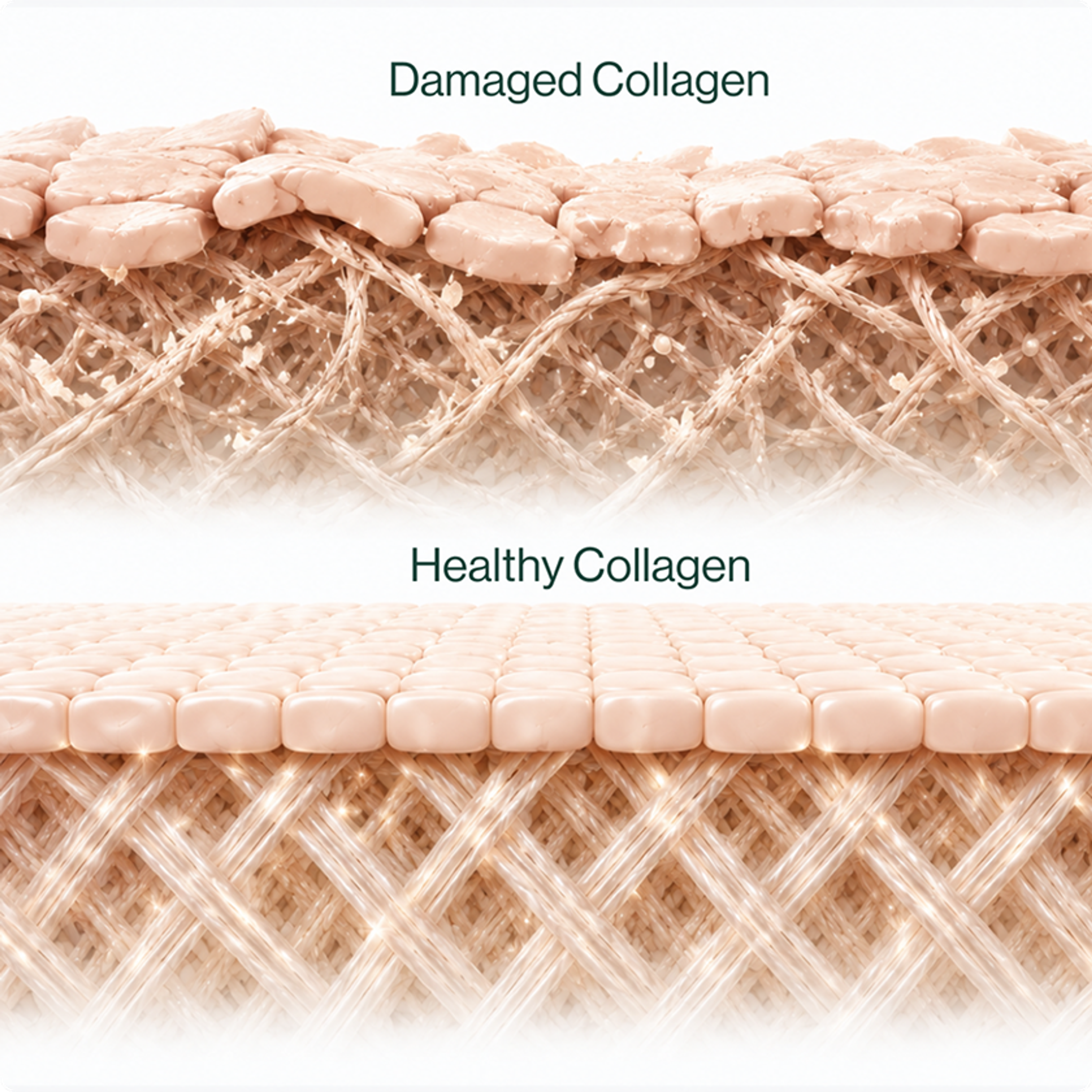 Diagram compares damaged collagen, with disorganized fibers, to healthy collagen, with orderly fibers.