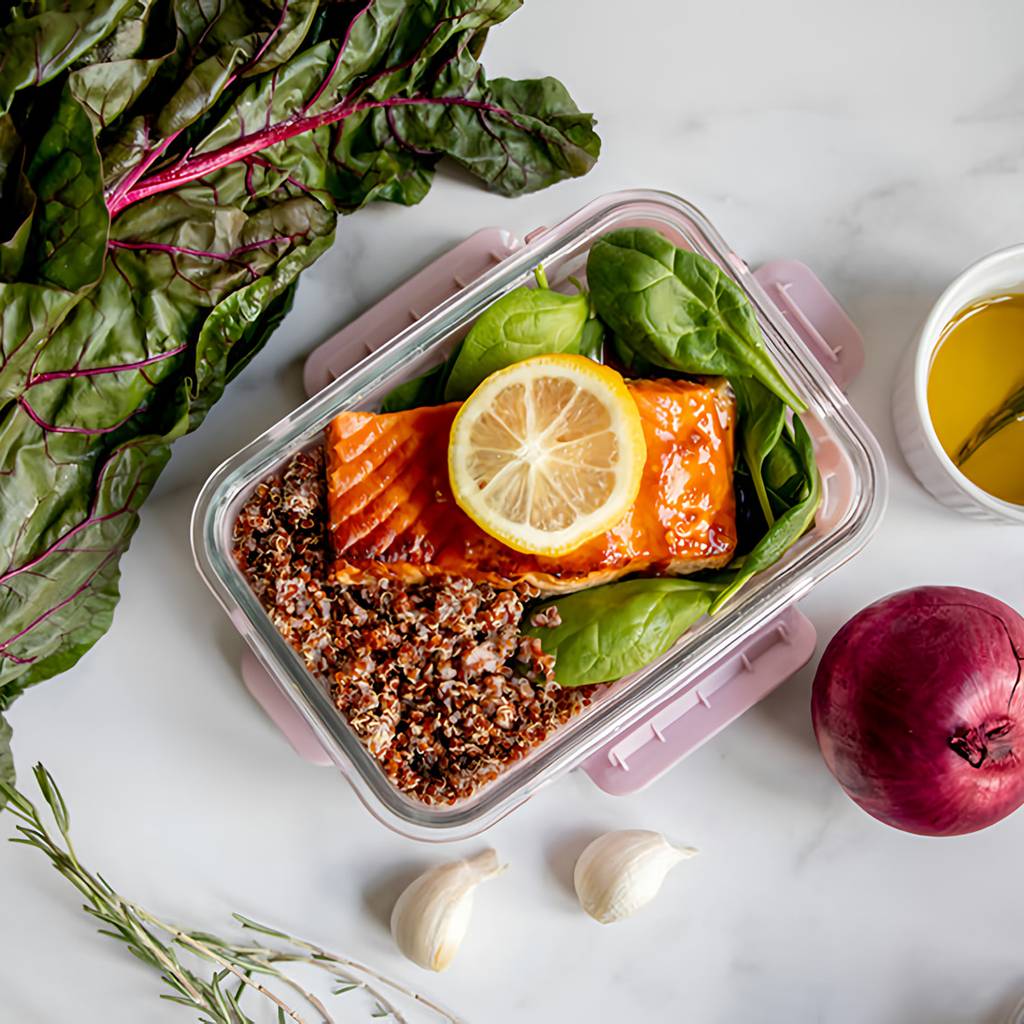 Salmon with lemon, quinoa, spinach, leafy greens, garlic, and red onion, with a bowl of oil beside it.
