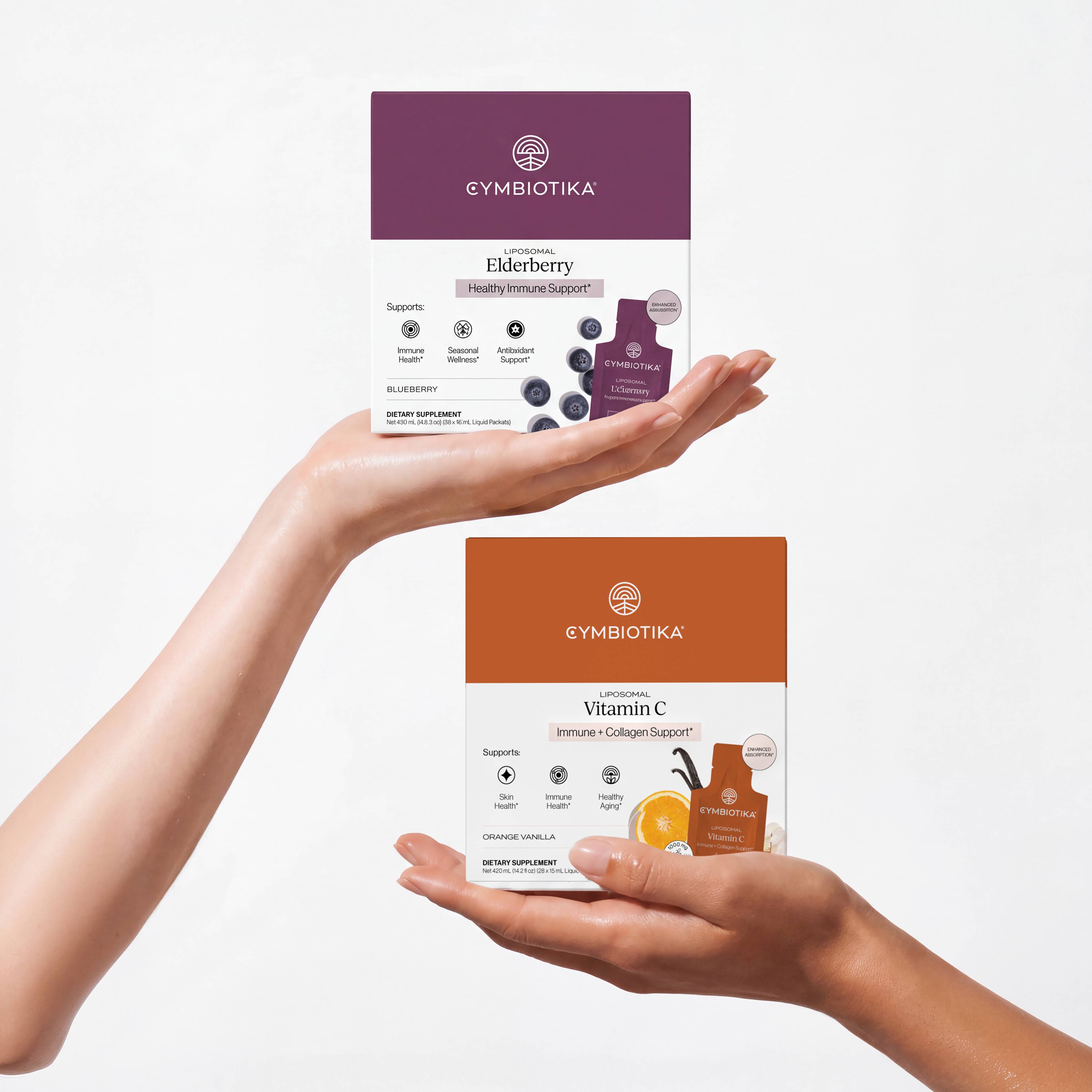 Two hands present boxes of Liposomal Elderberry and Liposomal Vitamin C, with matching single-serve packets pictured on the packaging.