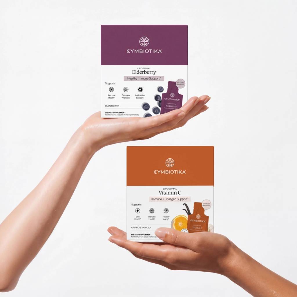 Two hands present boxes of Liposomal Elderberry and Liposomal Vitamin C, with matching single-serve packets pictured on the packaging.
