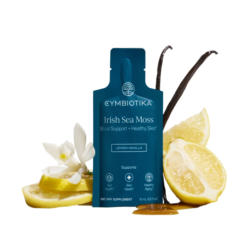 Blue Irish Sea Moss Lemon Vanilla pouch with lemon slices, white flowers, and dark seaweed behind it.
